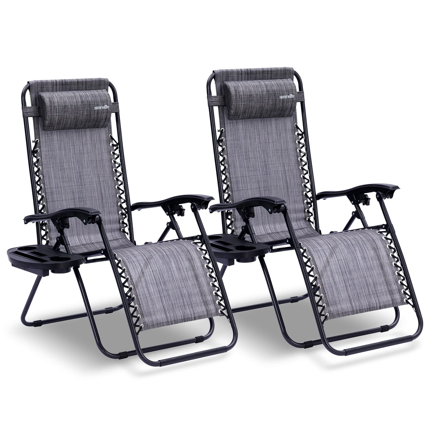 SereneLife Zero Gravity Chairs Set of 2 - Adjustable Steel Mesh Lawn Chairs - Outdoor Lounge Chairs with Detachable Cup Holder Tray - Foldable Outdoor Chair with Removable Pillows - Grey