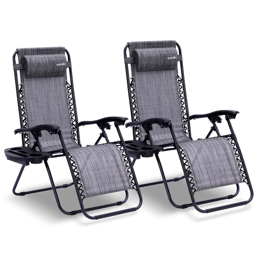 SereneLife Zero Gravity Chairs Set of 2 - Adjustable Steel Mesh Lawn Chairs - Outdoor Lounge Chairs with Detachable Cup Holder Tray - Foldable Outdoor Chair with Removable Pillows - Grey