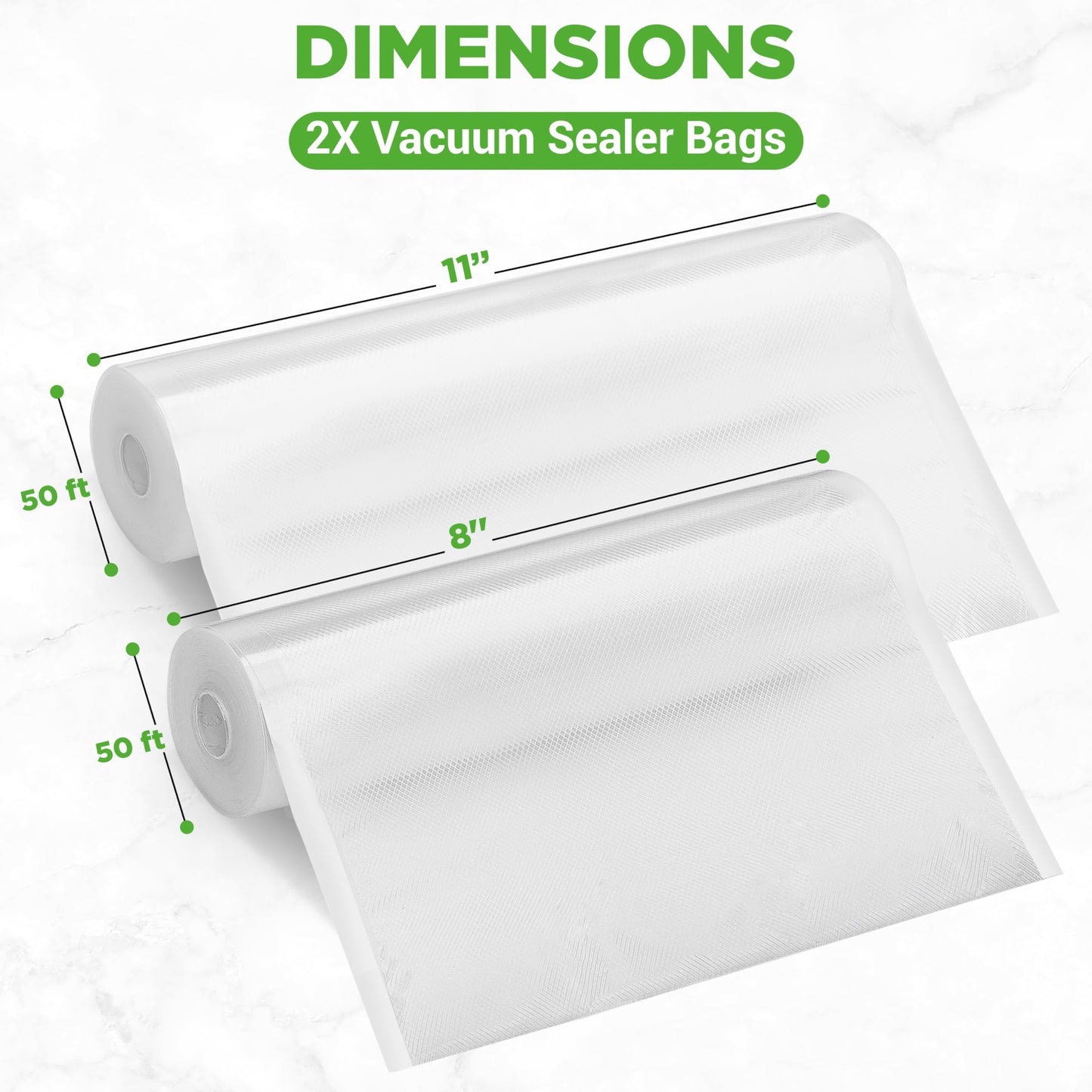NutriChef Vacuum Sealer Bags for Food 8” x 50’ & 11" x 50' (2 Rolls, 100’ Total) – Works with All Sealers, BPA-Free, Heavy-Duty, Multi-Layered – Freezer, Microwave & Sous Vide Safe