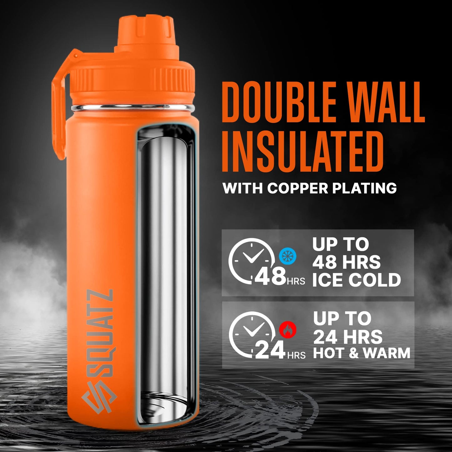 SQUATZ 18 Oz Neptune Series Steel Water Bottle, Stainless Double Wall Vacuum Insulated Flask with Handle Strap, Durable and Elegant Leak Proof Wide Mouth Thermos for Gym, Travel, Hiking, and Camping