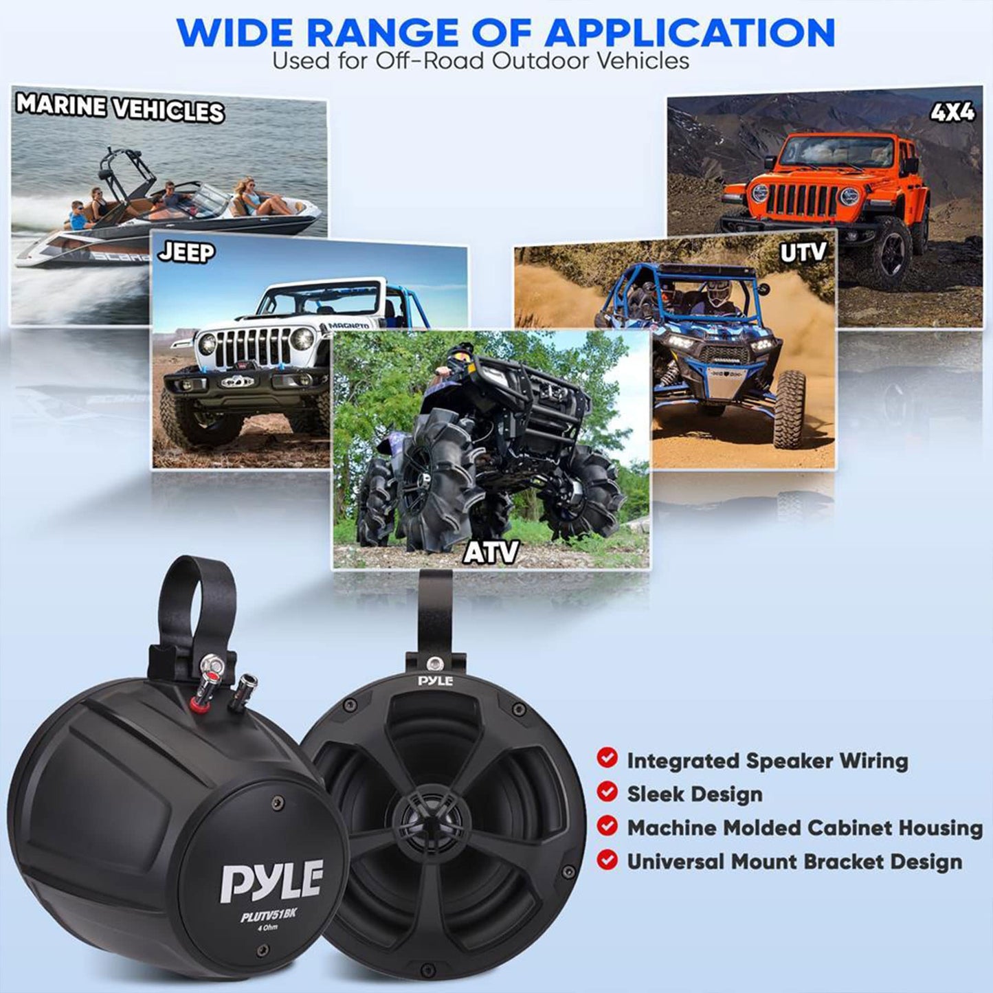 PYLE, Marine Speakers, Boat Speakers, 1000W 5.25 Inch, Waterproof Off-Road System, 2-Channel Amp, Full Range Stereo, ATV/UTV/Jeep, Includes Mounting Brackets & Wiring, IP-X45 Rated, PLUTV52CH