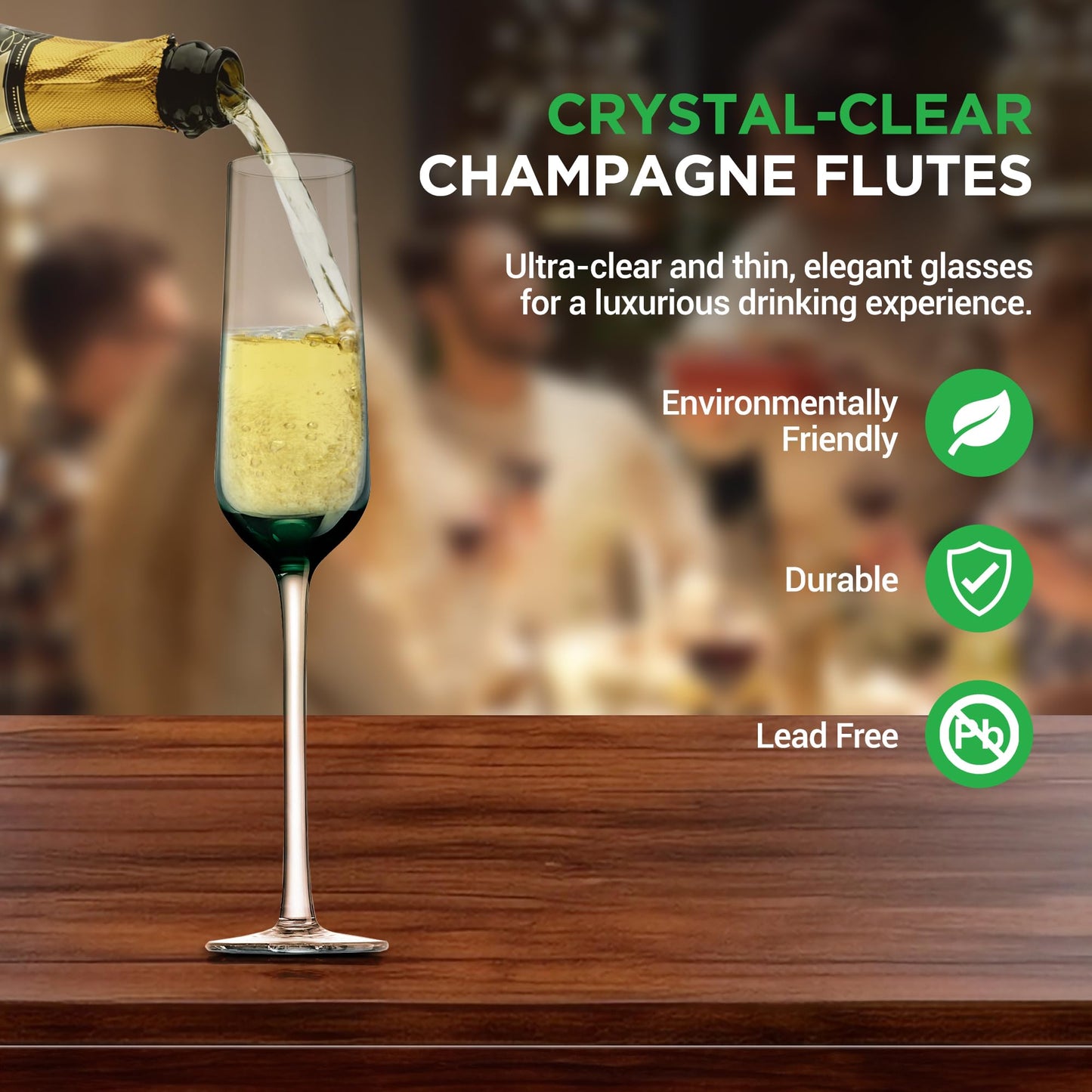 NutriChef Kitchen 9 Ounce Champagne Flutes Set of 2, Hand Blown, Crystal Clear Champagne Glasses for Parties, Weddings Party, New Year, Christmas and Toasting