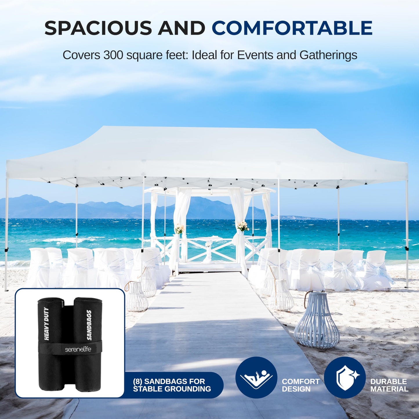 SereneLife 10x30 Pop Up Commercial Tent: Waterproof, Heavy Duty, Portable with Wheels, Sandbags, Stakes & Ropes for Events, Festivals, and Gatherings, SLPOP1030