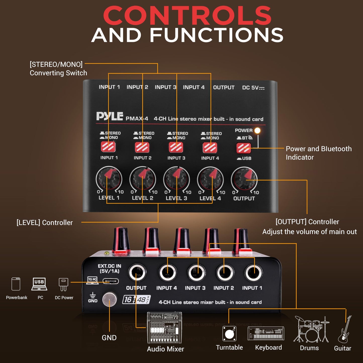 Pyle 4-Channel Wireless Bluetooth 5.0 Line Mixer - USB Audio Interface - 4 Mono/Stereo Inputs - Ultra-Low Noise - High Headroom - Built-in USB-C Sound Card - Compact Metal Chassis - PMAX4