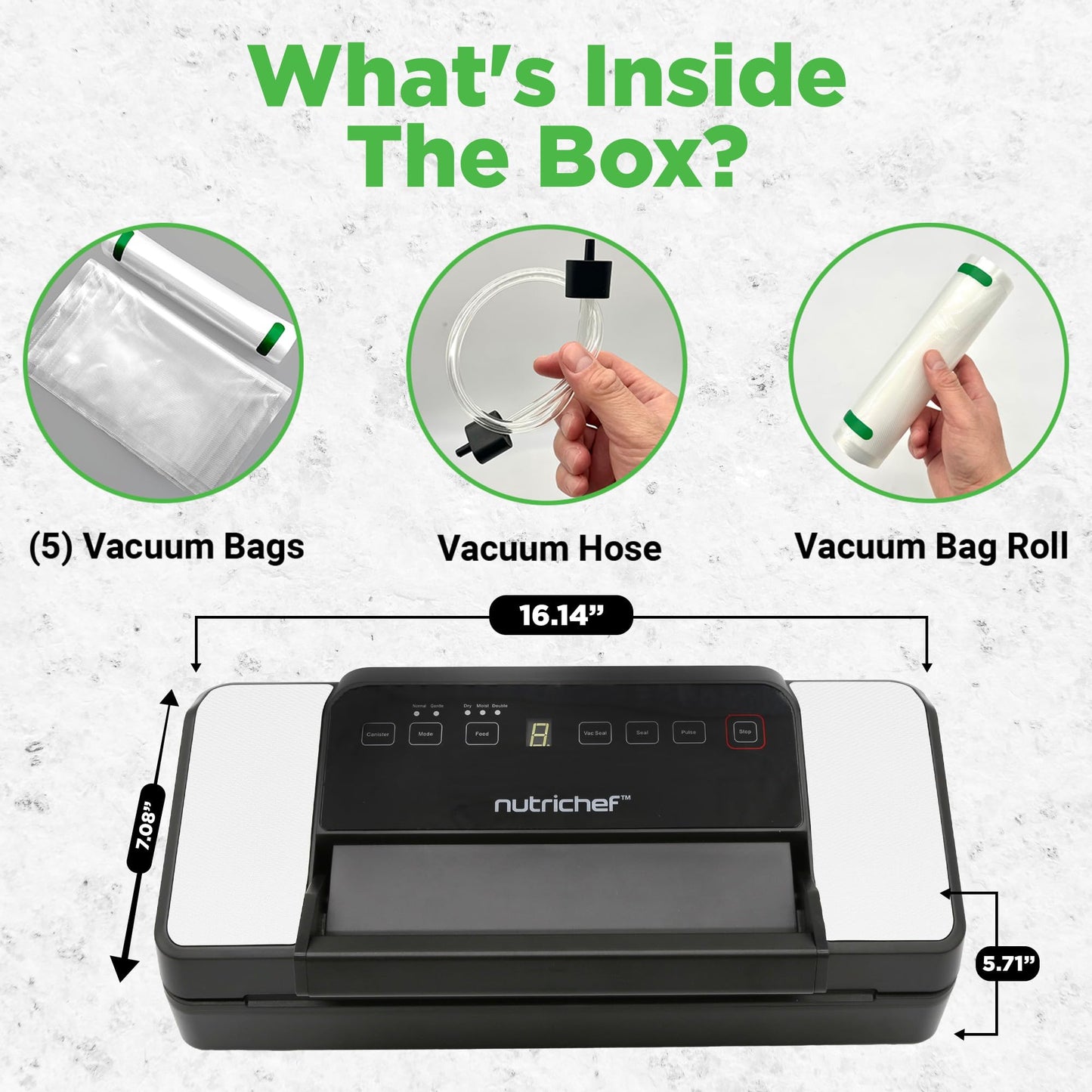 NutriChef Vacuum Sealer for Food (80Kpa) – Dry, Moist & Pulse Modes, Dual Seal, Built-in Roll Storage & Cutter, High-Power Suction, Durable Design, Includes Canister Hose & Bags