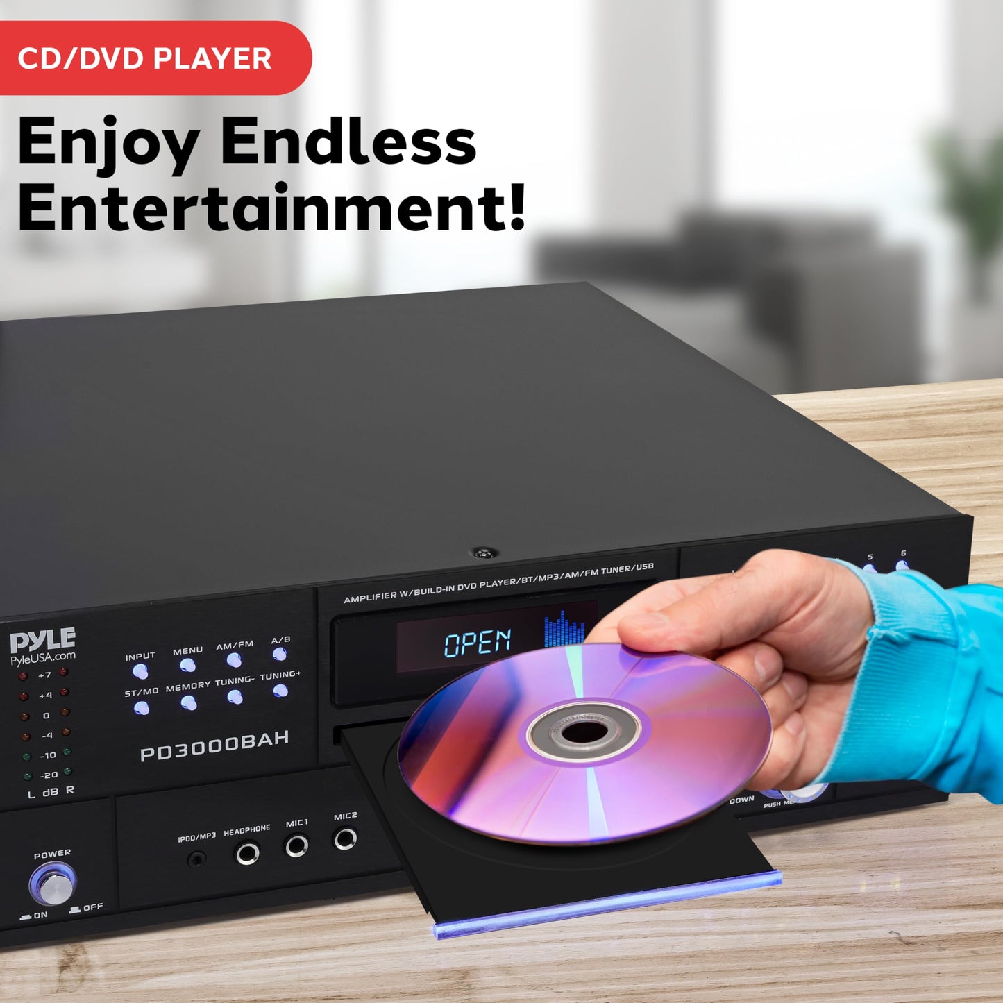 Pyle 4000W 4-Channel Wireless Bluetooth Amplifier - Stereo Home Audio Receiver with FM Radio - HDMI - USB - 2 Mic Inputs w/Echo - Front CD/DVD Player - Subwoofer Output - Rack Mount - PD3000BAH