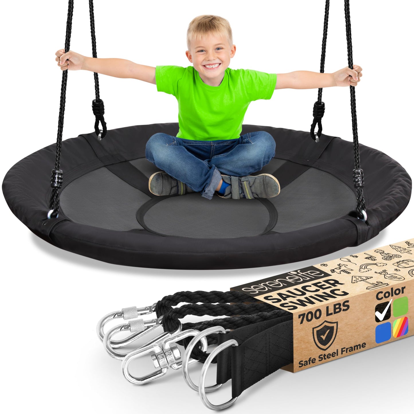 SereneLife Saucer Swing with Tree Hang Kit, 40” Outdoor Tree Swing, 2 Adjustable Hanging Rope Straps and Center Swivel Spinner for Kids (Green)