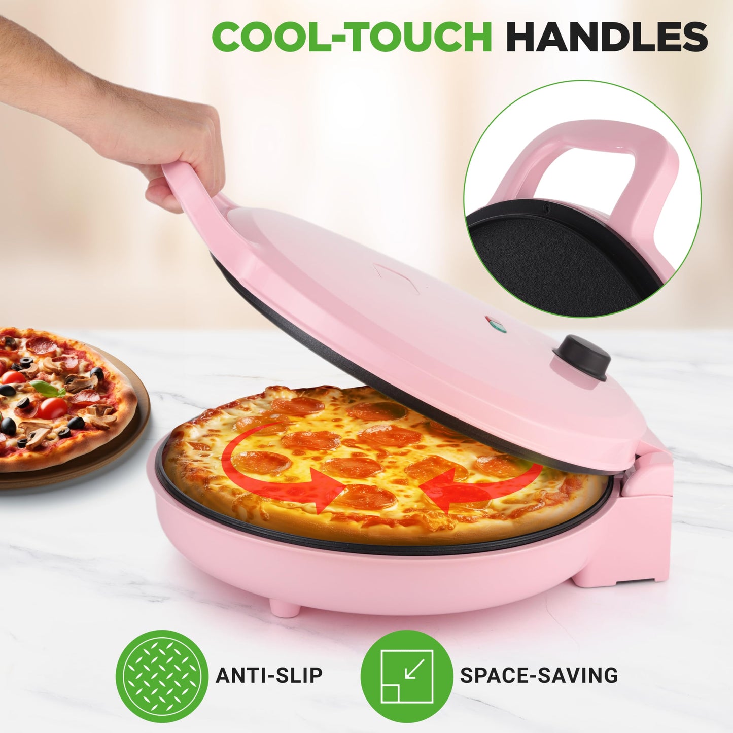 NutriChef Countertop Pizza Maker | 1500W Non-Stick Electric Pizza Cooker | Make 12" Personal Pizzas, Eggs, Toast & More | Cool-Touch Handles, Compact & Space-Saving | Temp Range 175-400°F | Pink