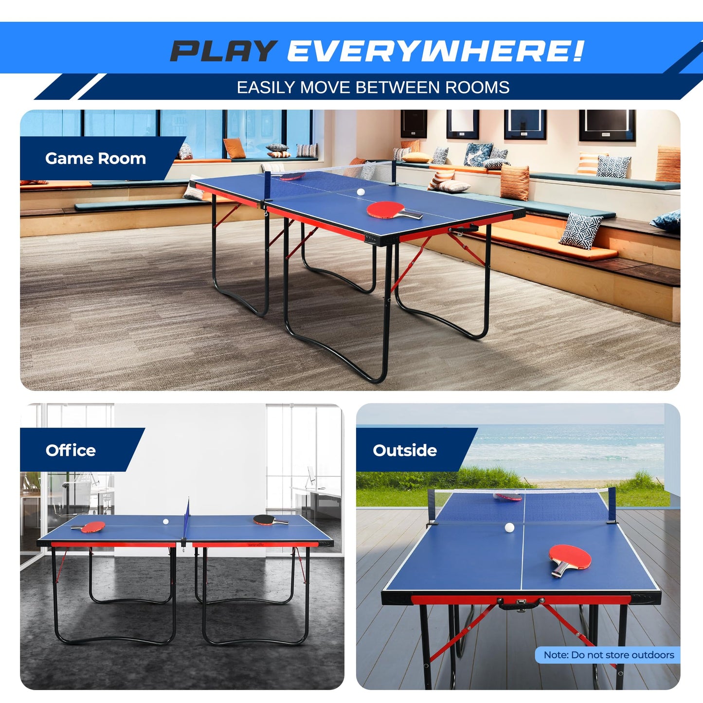 SereneLife Midsize Portable Ping Pong Table Set with Net, Clipper, Post - 6’ x 3’ Foldable Space-Saving Design, Blue