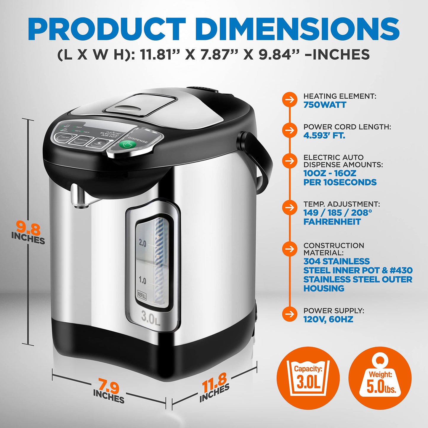 NutriChef Electric Water Boiler and Warmer - 3L/3.17 Qt Stainless Steel Electric Hot Water Dispenser w/Rotating Base, Auto Shut Off, Safety Lock, Instant Heating for Coffee & Tea (NCHUB13)