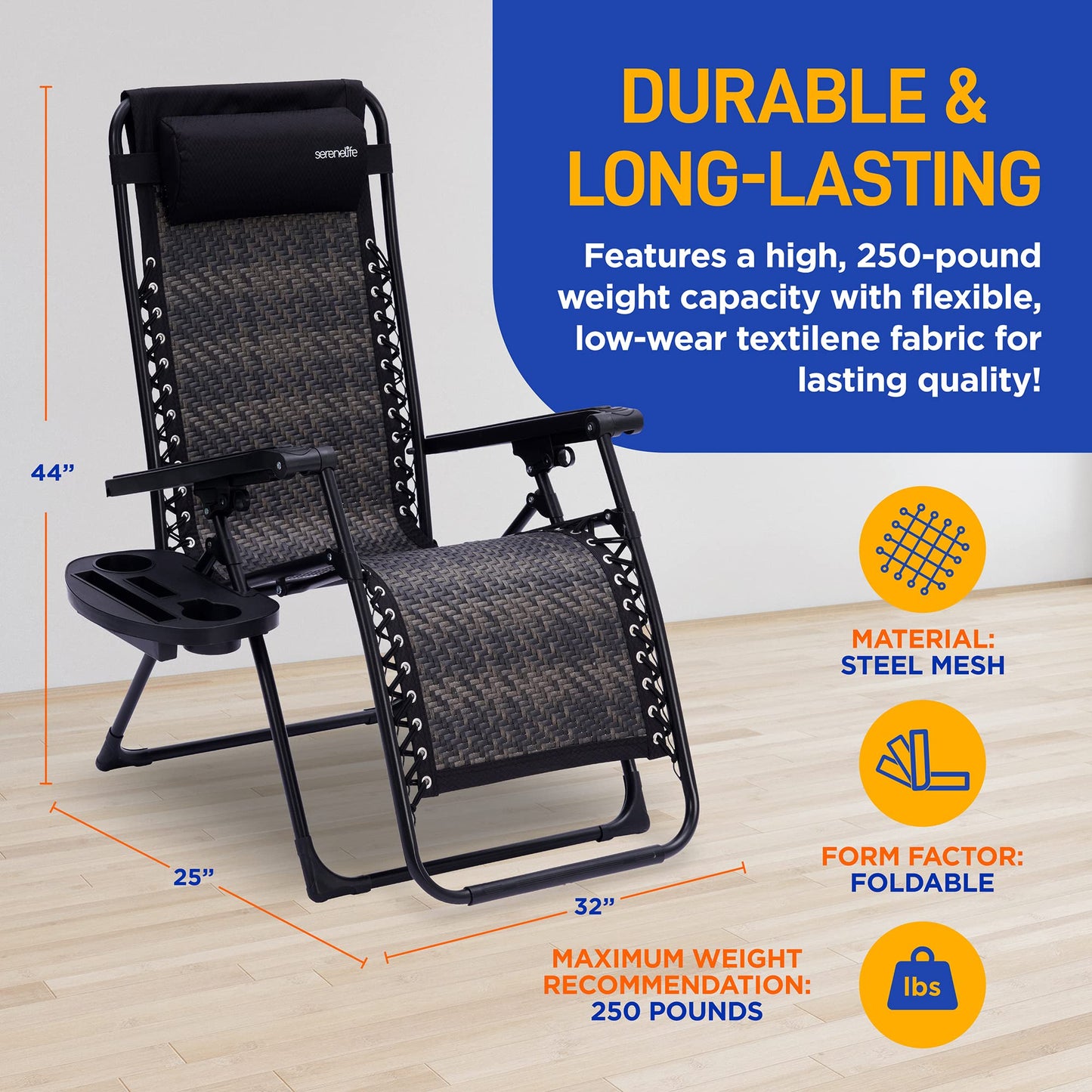 SereneLife 2-Pack Rattan Zero Gravity Chairs – Adjustable Recliners with Side Table, Cup Holders & Pillow, Foldable Outdoor Lounge Set for Patio, Lawn or Deck – 265 lbs Capacity, Brown