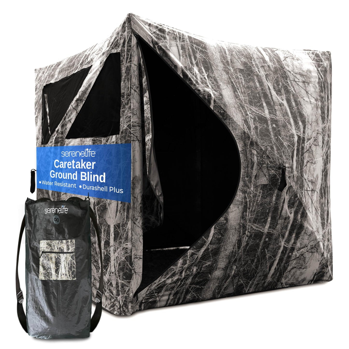 SereneLife 2-3 Person Hunting Blind for Deer and Turkey Shooting, See-Through Hunting Gear with Carry Bag, Pop-Up Portable Ground Equipment and Accessories (Camouflage)