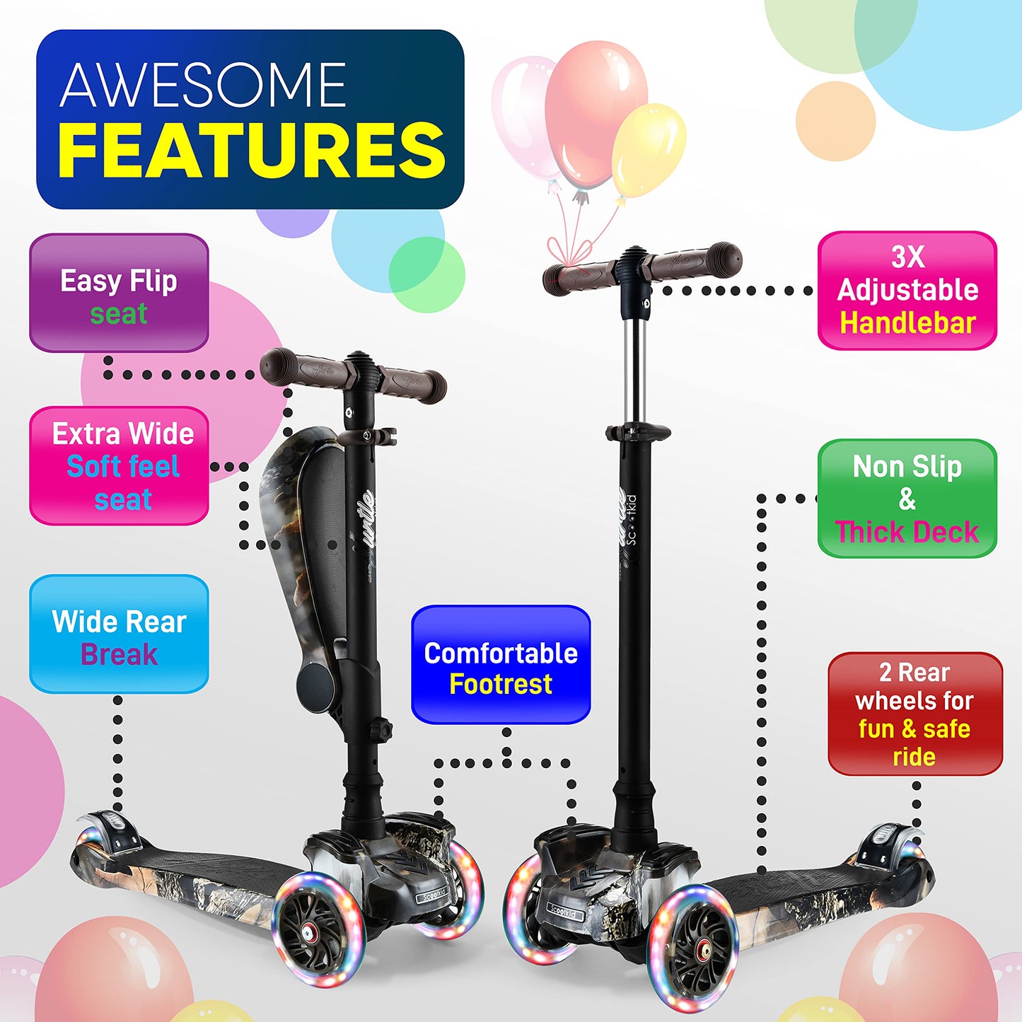 Hurtle Kids Scooter - Child Toddler Kick Scooter Toy with Foldable Seat - 3 Wheel Scooter with Adjustable Height, Anti-Slip Deck, Flashing Wheel Lights, for Boys/Girls 1-12 Year Old, Real Tree
