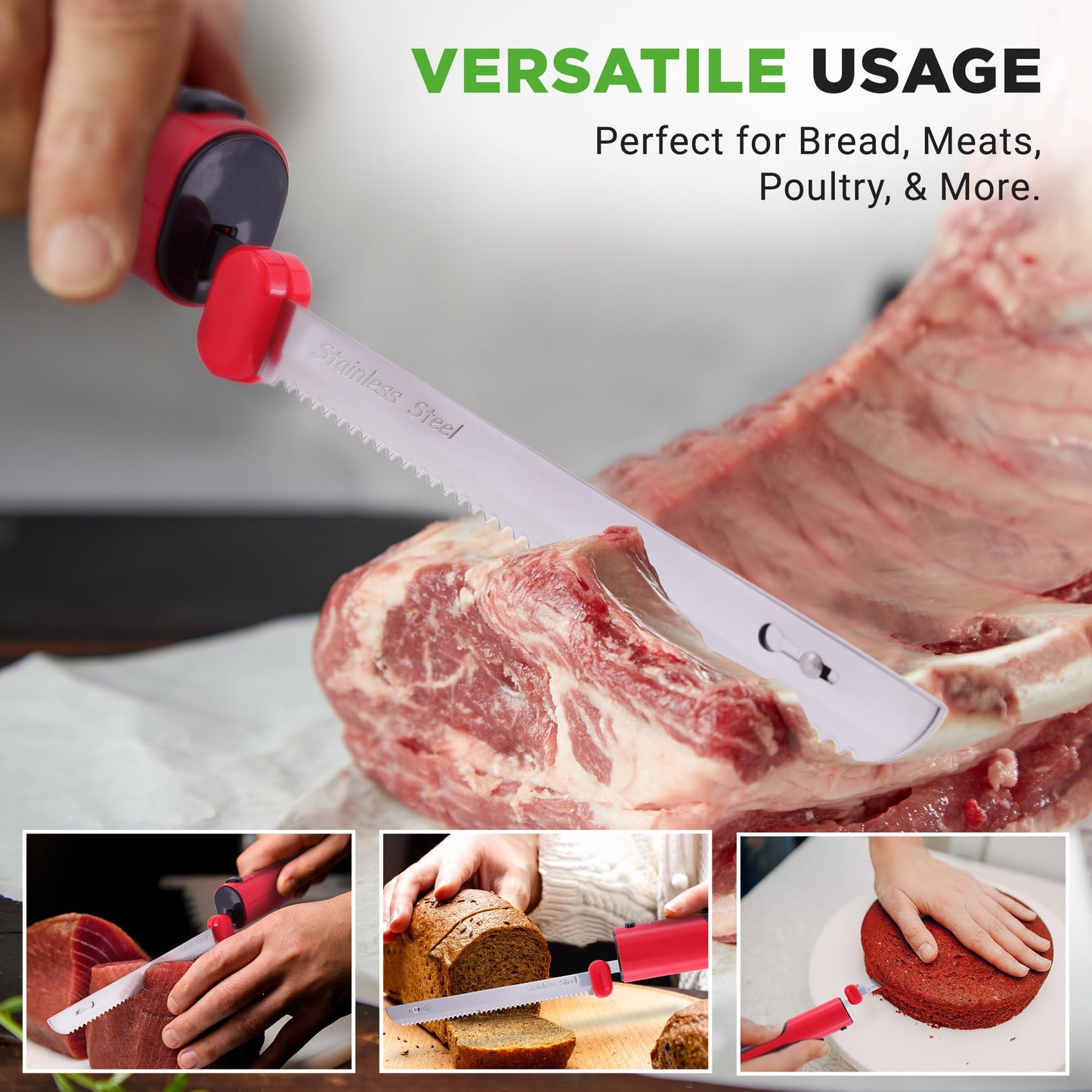 NutriChef Cordless Electric Knife | Easy to Use Constant ON/OFF Safety Function | Lightweight Kitchen Knife | Carve Turkey, Meats, Poultry, Bread & Cheese | 11.42’’ Stainless Steel Blades | Red