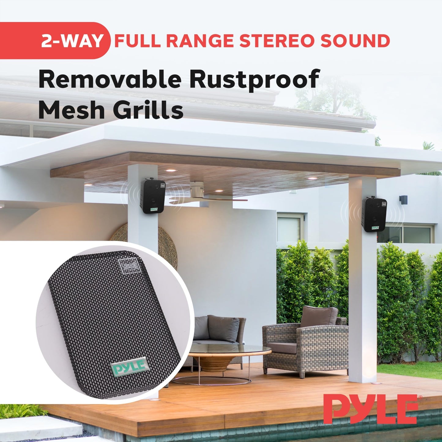Pyle - Outdoor Speaker System Wired (Pair), Marine Grade 2 Way 300W Peak Power, 3.5" Woofer and 1" Tweeter, Universal Mount For Wall or Ceiling, Use in Pool, Patio, Boat, Deck or Home Theater (Black)