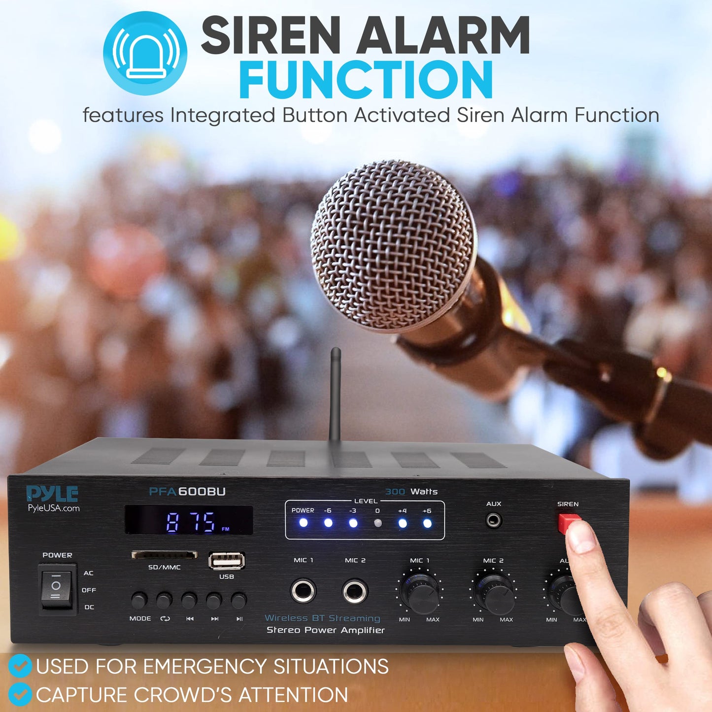 Pyle 300W Bluetooth Karaoke Amplifier - 2-Channel PA System with FM Radio - USB/SD - AUX - 2 Mic Inputs - Siren Alarm - 12V Power Option - Remote Control for Home - Car - Bus Tours - PFA600BU