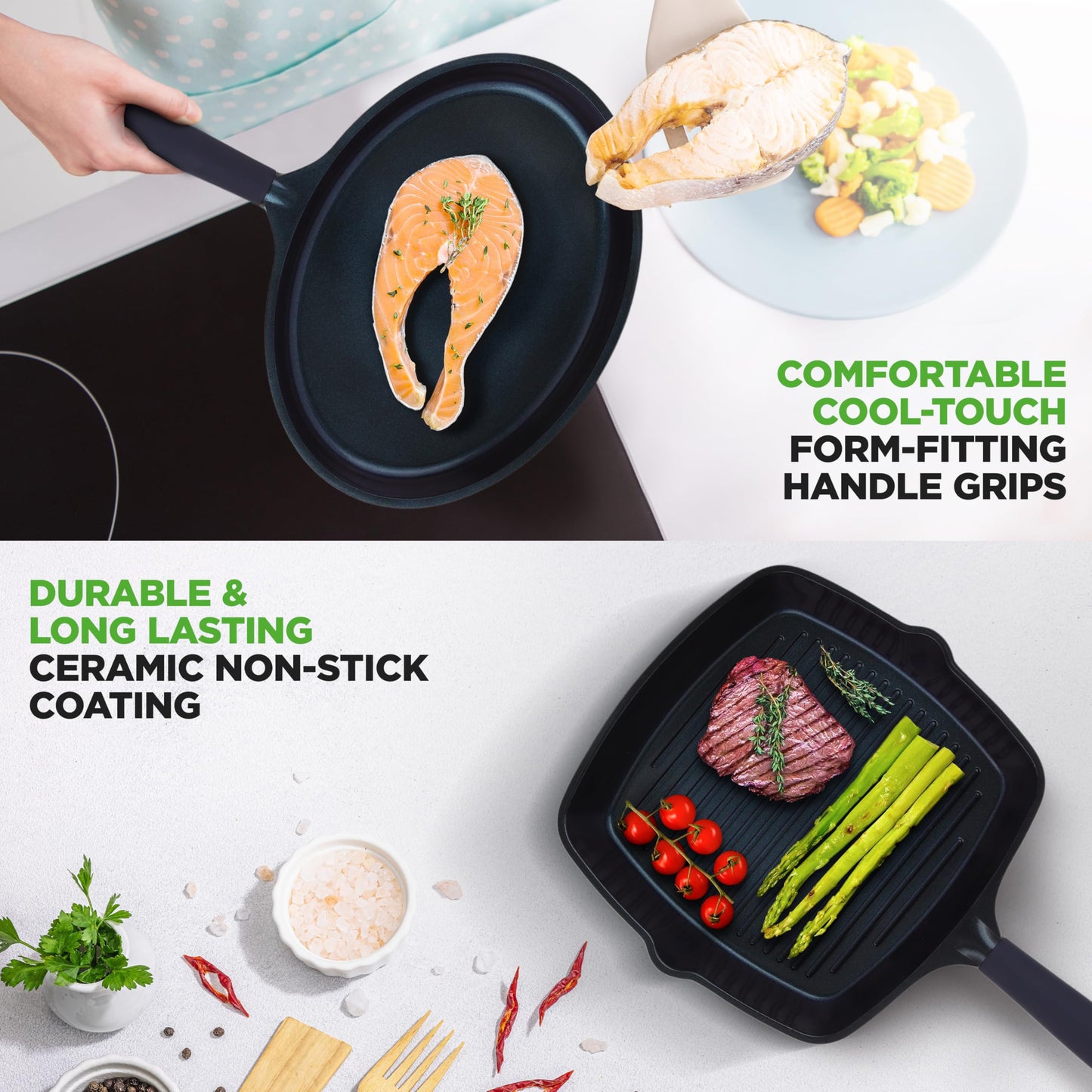 NutriChef 5-Piece Frying Pan Cooking Set, Non-Stick Ceramic Pan Set with Grill Pan and Wok, Stain-Resistant Frying Pans With Cool-Touch Handles, Tempered Glass Lid, PTFE/PFOA/PFOS Free (Blue)