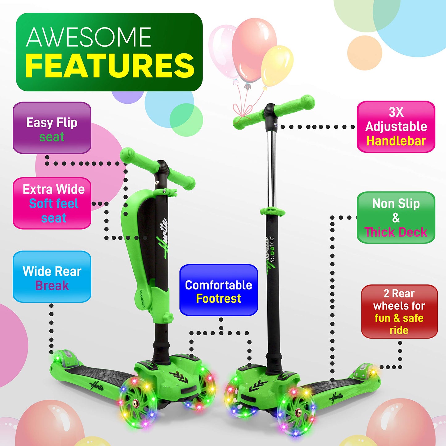 Hurtle Kids Scooter - Child Toddler Kick Scooter Toy with Foldable Seat - 3 Wheel Scooter with Adjustable Height, Anti-Slip Deck, Flashing Wheel Lights, for Boys/Girls 1-12 Year Old, Green