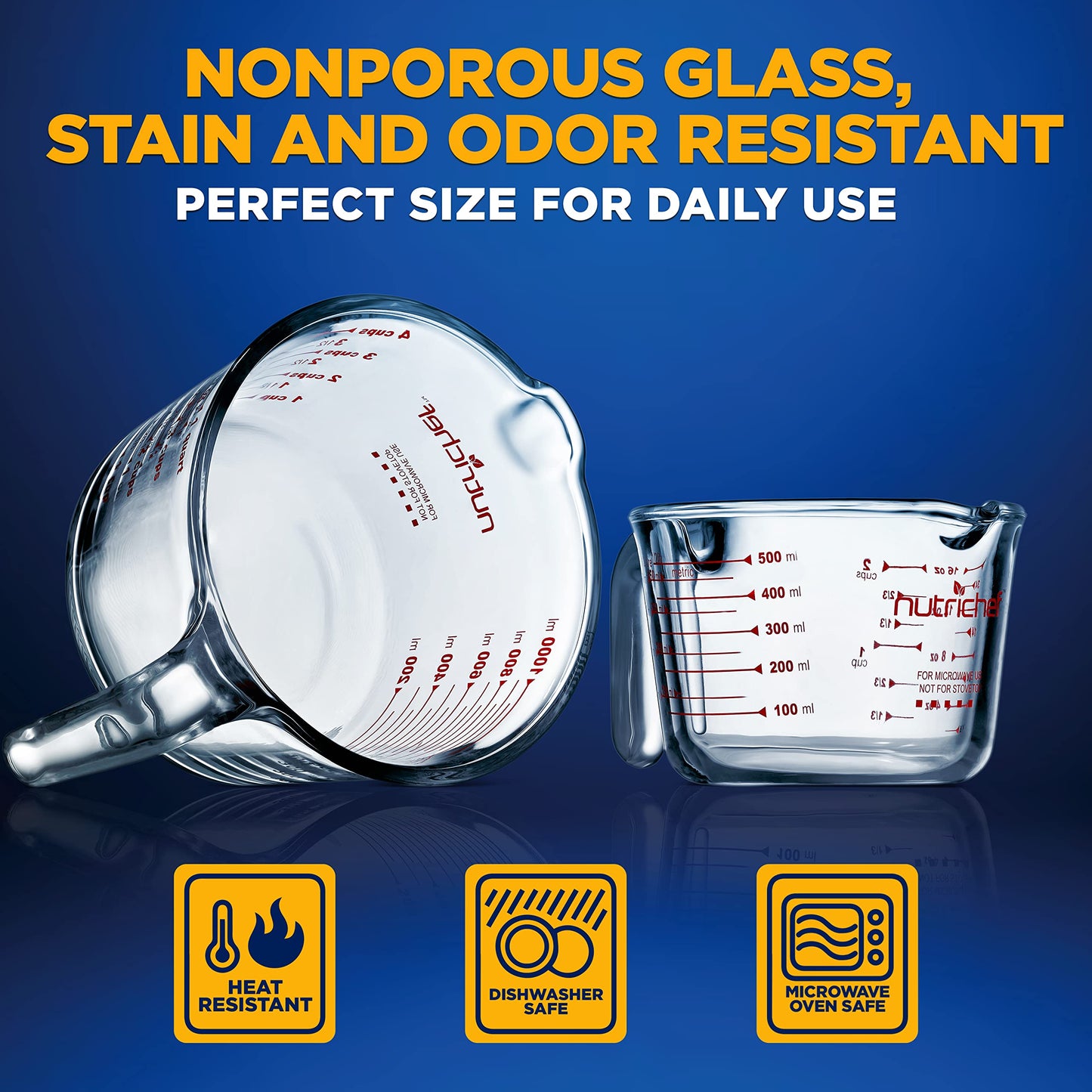 NutriChef 2 Pieces Measuring Cups - BPA-Free Premium Heat Resistant Borosilicate Glass Measuring Cups w/ Handle, Precise Measurement w/ Oz & Ml Scale in 500ml & 1000ml, Microwave & Oven Safe