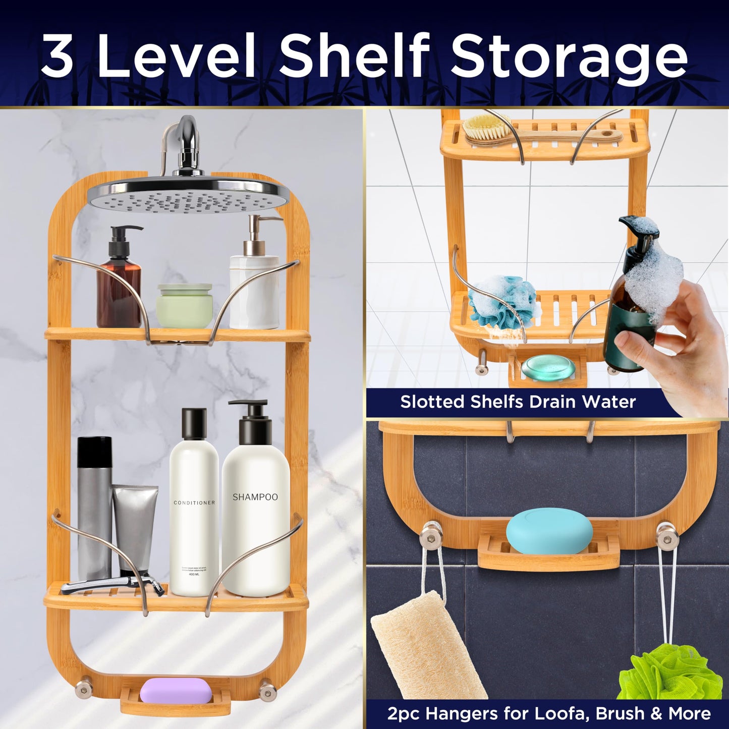 SereneLife Bamboo Hanging Shower Caddy with 3 Tiers, Anti-Slip Design, Bathroom Storage Organizer for Shampoo, Soaps, and Essentials - Space-Saving and Easy to Clean