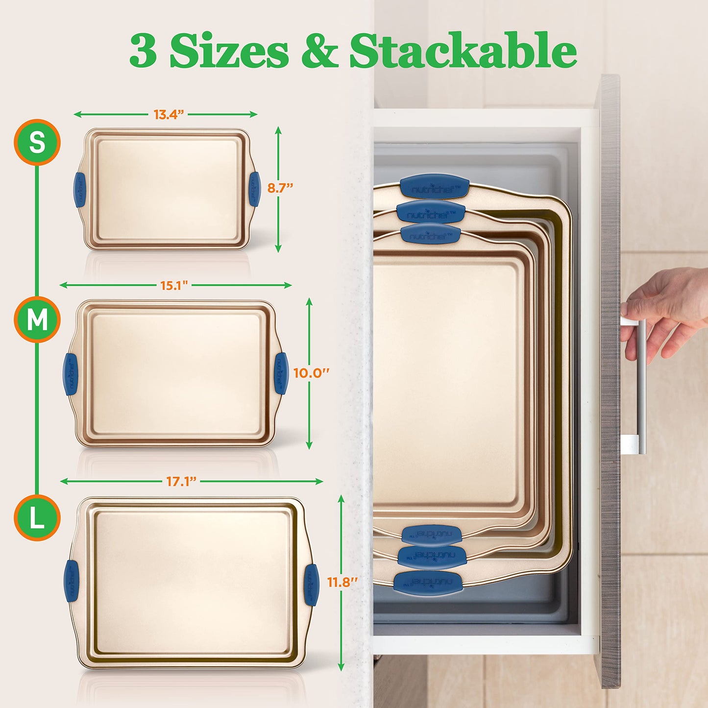 NutriChef 3-Piece Nonstick Bakeware Set - Premium Carbon Steel Oven Baking Trays w/Blue Silicone Handles - Small, Medium & Large Cookie Sheet Pans - PFOS, PFOA, PTFE-Free, Easy to Clean