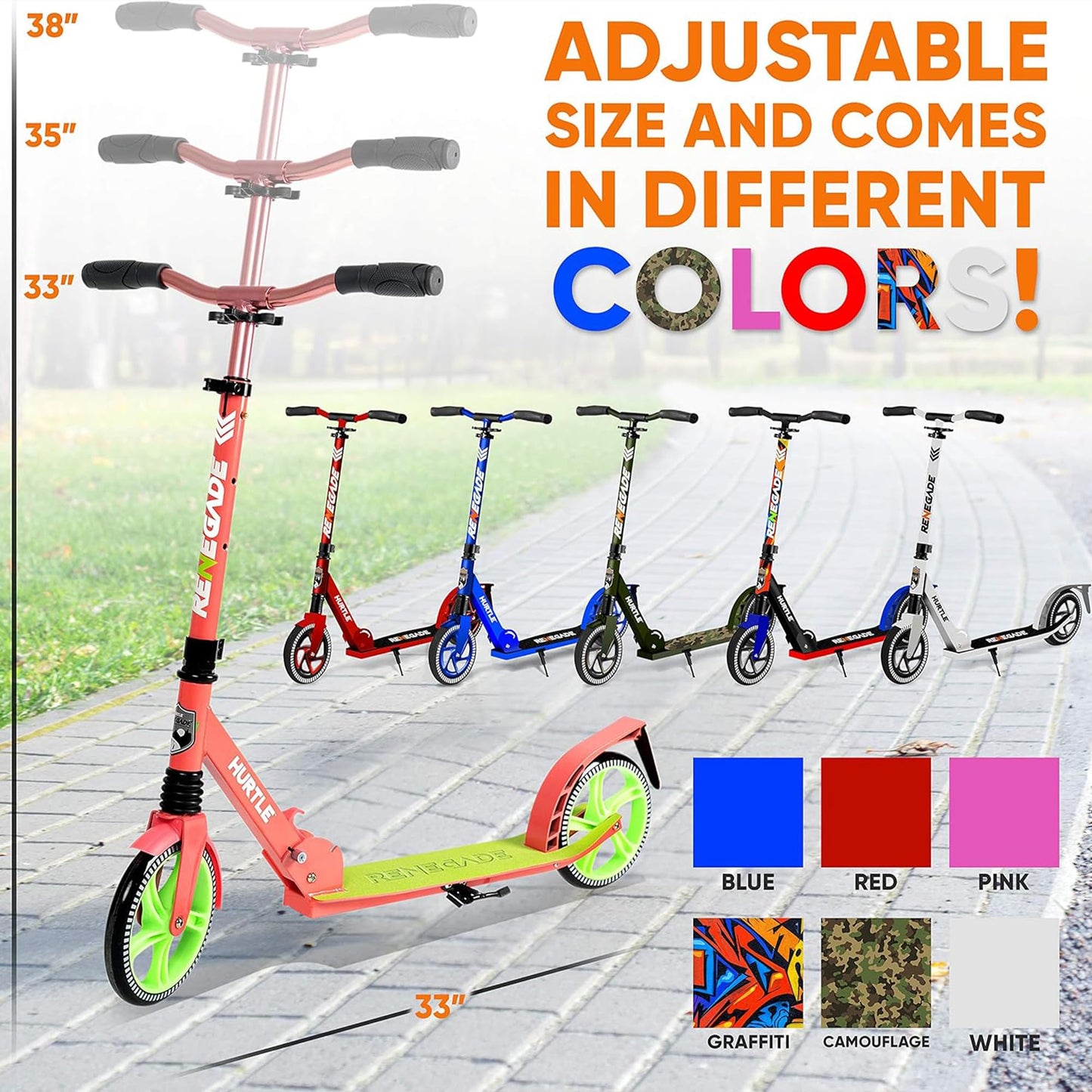 Hurtle Teenager Kick Scooter - 2 Wheel with Adjustable T-Bar Handlebar - Folding Adult with Alloy Anti-Slip Deck - 8" Smooth Gliding Wheels, Watermelon