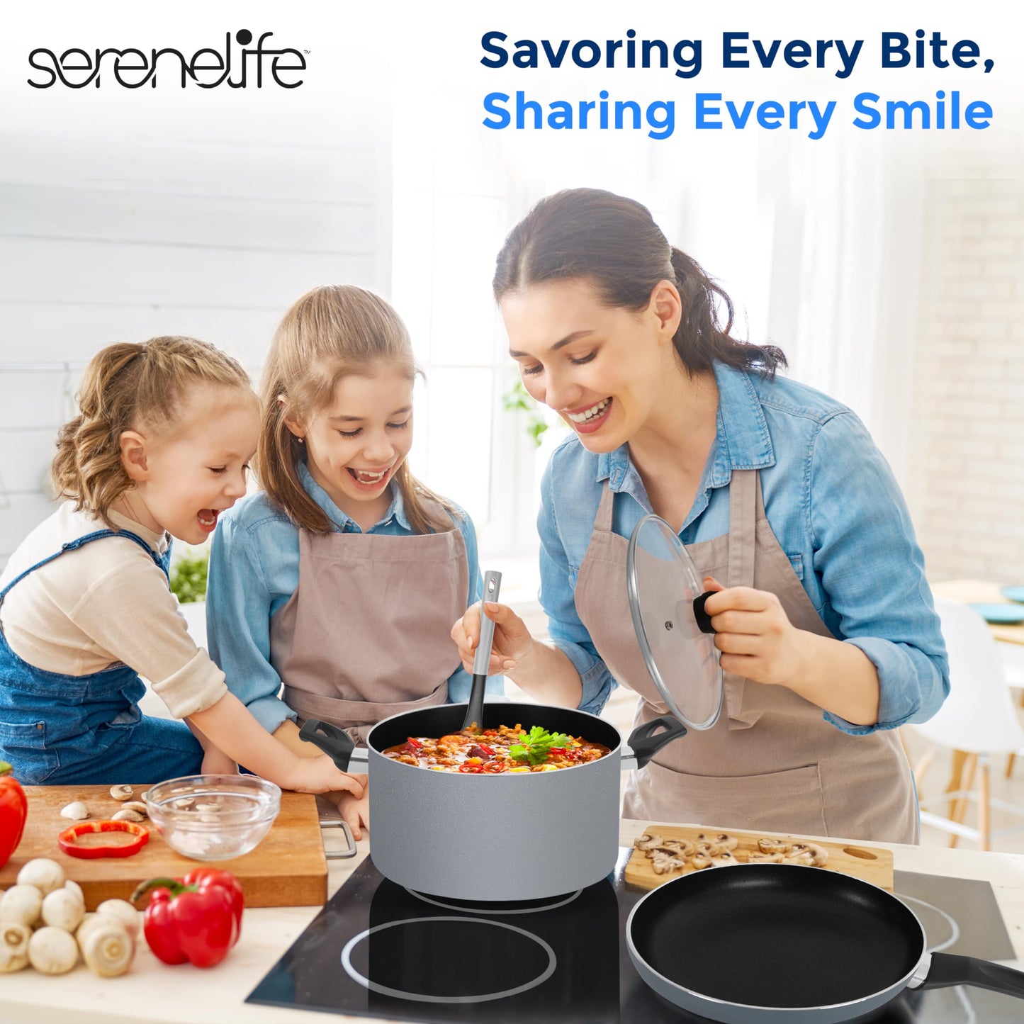 SereneLife Kitchenware Pots & Pans Basic Kitchen Cookware, Black Non-Stick Coating Inside, Heat Resistant Lacquer (11-Piece Set), One Size, Gray