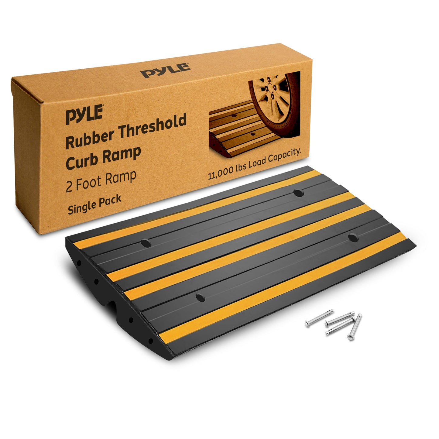 Pyle 2 Ft. Rubber Threshold Curb Ramp, Heavy Duty, Non-Slip, Marine Grade Waterproof, Green Reflective Strip, Single Driveway Ramp for Vehicles, RVs, and Wheelchairs, 24.0’’x16.0’’x2.6’’Inches