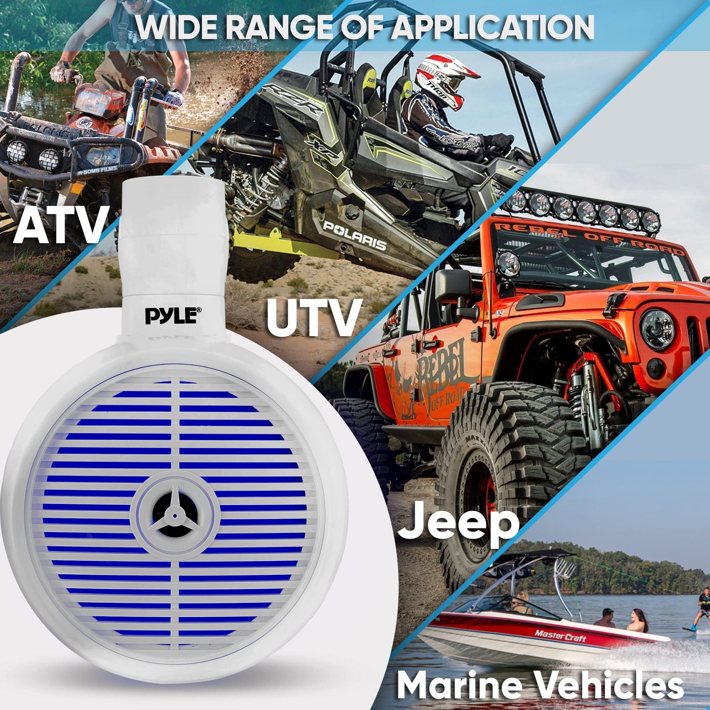 PyleUsa 8” Waterproof Off-Road Speakers - 300W 2-Way Marine Wakeboard Tower Sound System w/LED Light, Full Range Outdoor Stereo Speaker for Car, ATV, UTV, Jeep, Boat, Includes Brackets (White)