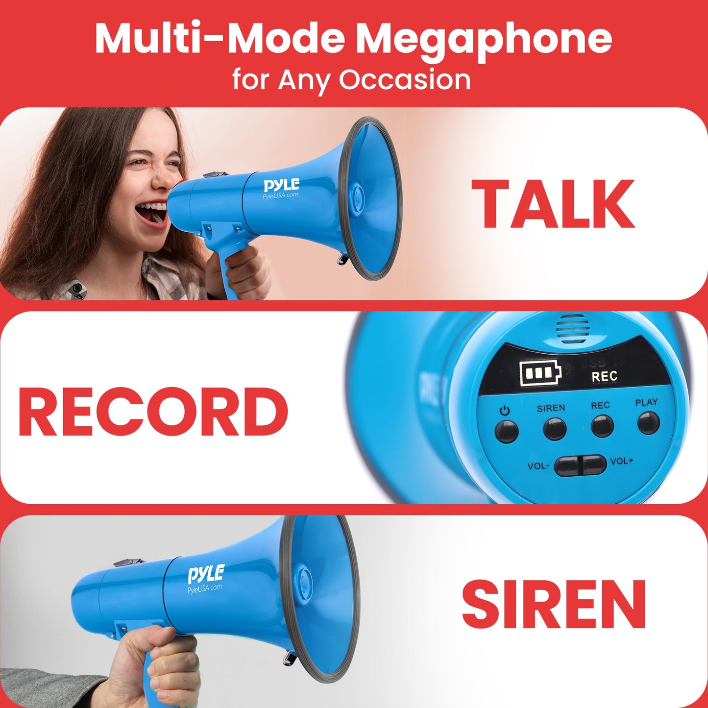 Pyle 40W Megaphone Siren Bullhorn Speaker, Portable and Lightweight Automatic Bullhorn for Indoor and Outdoor Use, 800 Square Yards Projection Range, Use as Siren/Music (Blue)