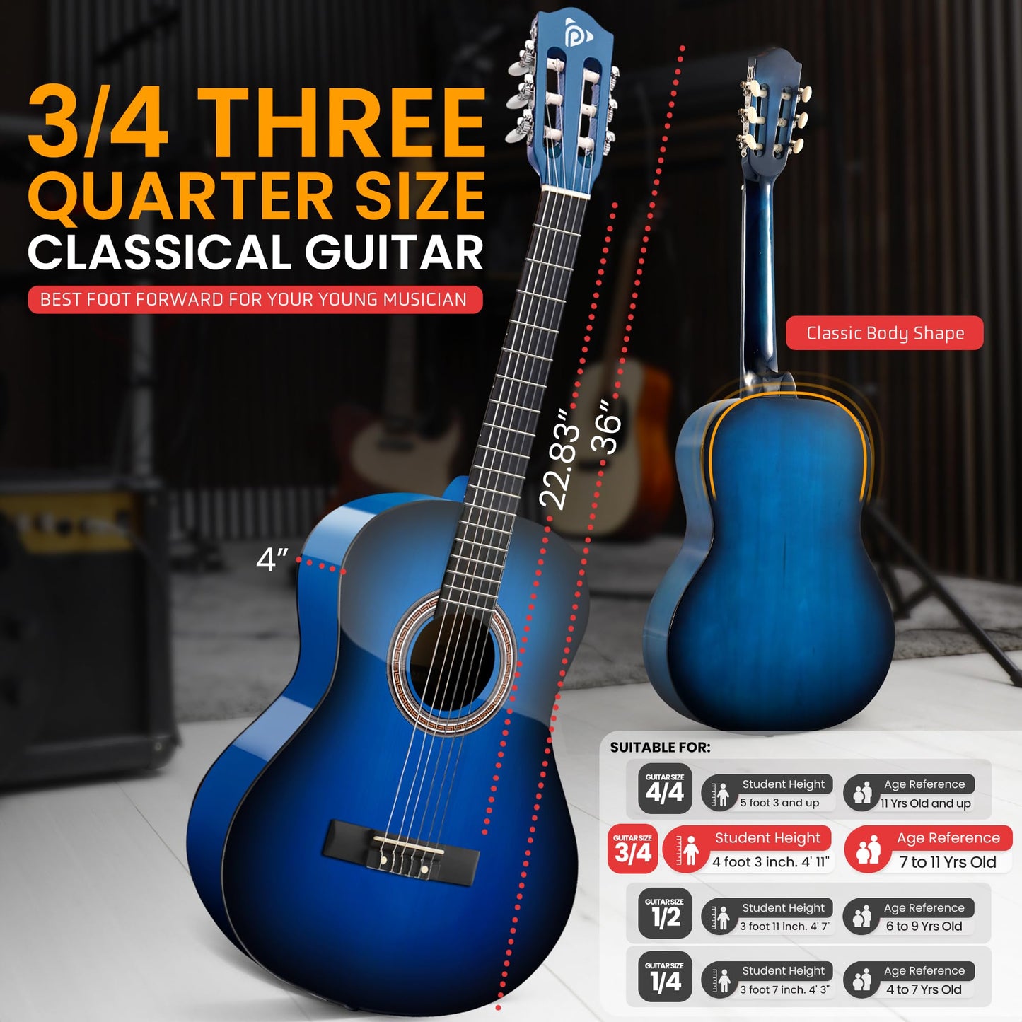Pyle Beginner Acoustic Guitar Kit, 3/4 Junior Size All Wood Build Nylon String Instrument with Capo, Gig Bag, Strap, Extra String Set, Guitars for Beginners Adults and Youth, 36" Blue Burst Gloss