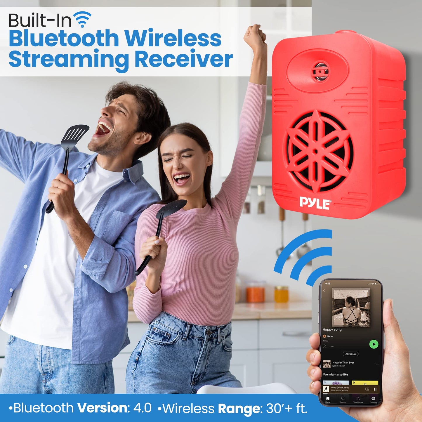 PyleUsa Bluetooth Indoor Outdoor Speakers Pair - 300 Watt Dual Waterproof 4” 2-Way Full Range Speaker System w/ 1/2” High Compliance Polymer Tweeter Home,Boat, Marine,Deck, Patio,Poolside - PDWRBT46RD