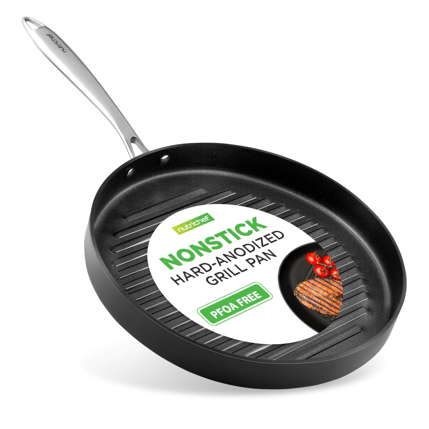 NutriChef Anodized Non-Stick Grill - Dishwasher Safe Nonstick Grill Pan Heavy Gauge Aluminum Body with Hard Anodized Surface for Even Heating, Max Temperature: 500° Fahrenheit (260° Celsius)