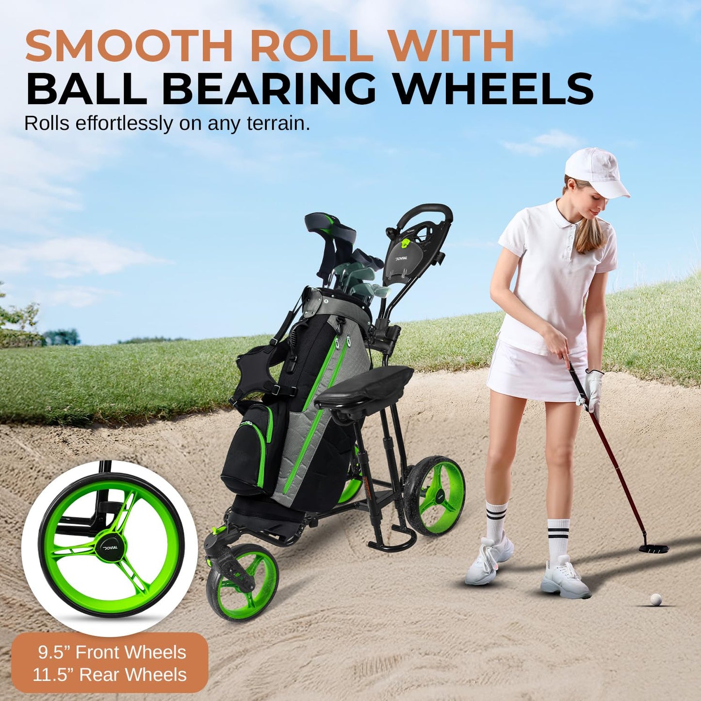 JOVIAL 3 Wheel Golf Push Pull Cart with Built-in Seat for Relaxation - Lightweight, Foldable, Collapsible, Golf Caddy Accessories, Includes Scorecard Holder, Water Bottle/Mobile/Umbrella/Towel Holder