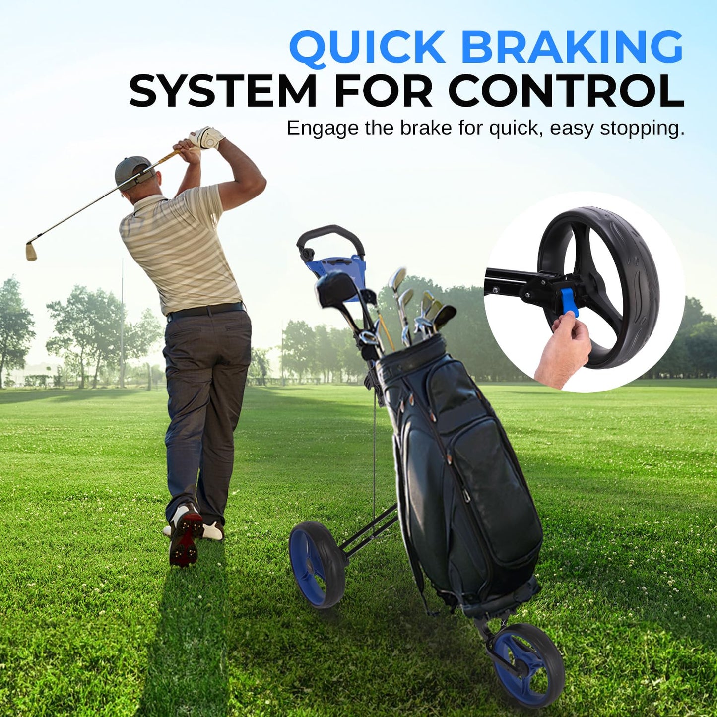 SereneLife 3-Wheel Golf Push Cart – Foldable Steel Frame Trolley w/ Deluxe Scorecard Holder, Adjustable Handle, Quick Brake, Bag Strap, Lightweight Compact Caddy – SLGZX9