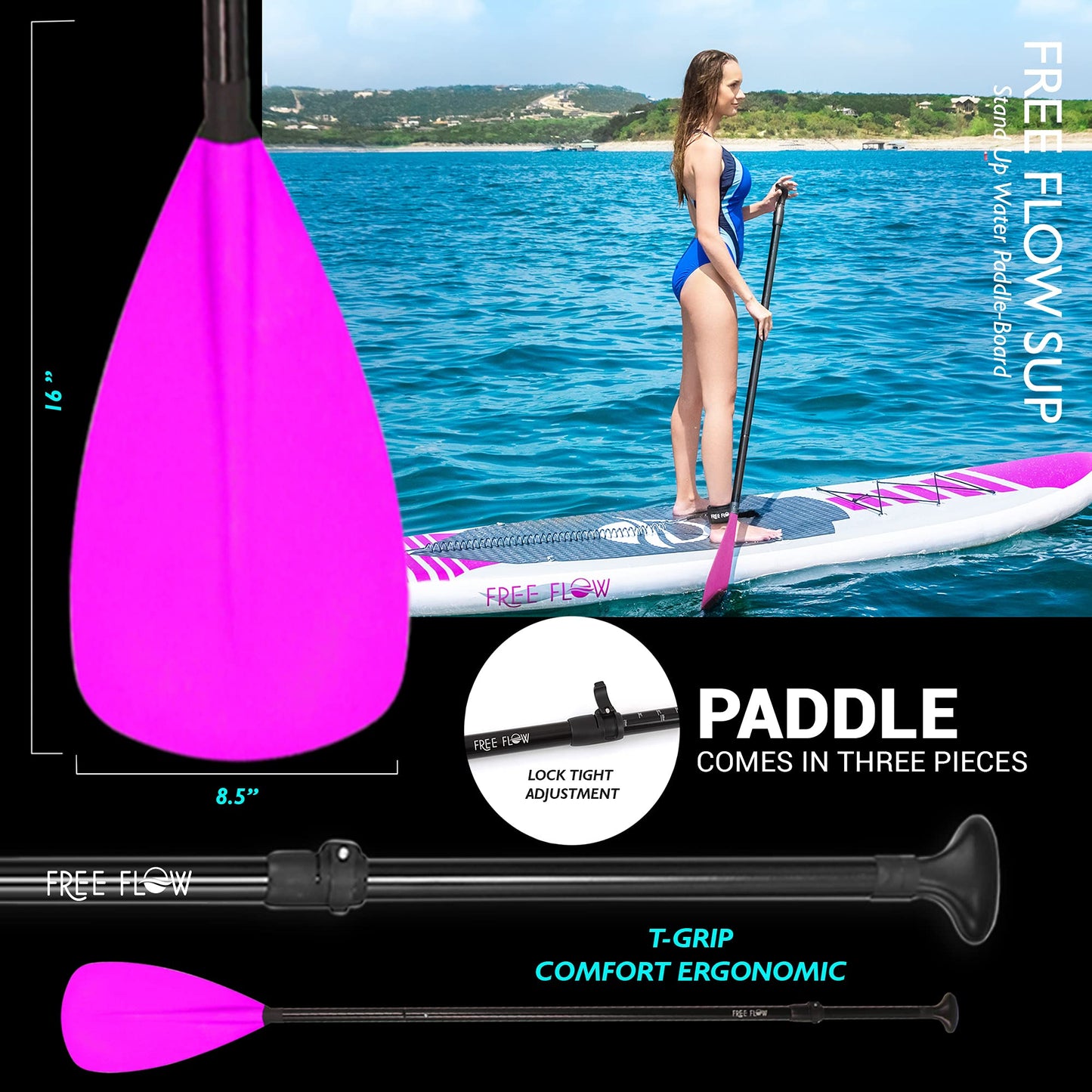 SereneLife Inflatable Stand Up Paddle Board (6" Thick) with Premium SUP Accessories & Carry Bag | Wide Stance, Bottom Fin for Paddling, Surf Control, Non-Slip Deck | Youth & Adult Standing Boat, Pink