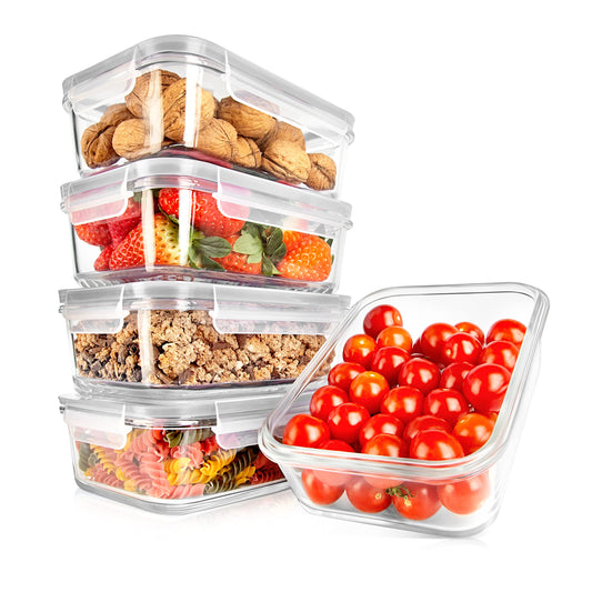NutriChef 10-Piece Superior Glass Food Storage Containers Set (5 Containers + 5 Locking Lids),Stackable Meal-prep Design, BPA-free Airtight Clear Locking lids with Vent Lids & Air Hole, Gray