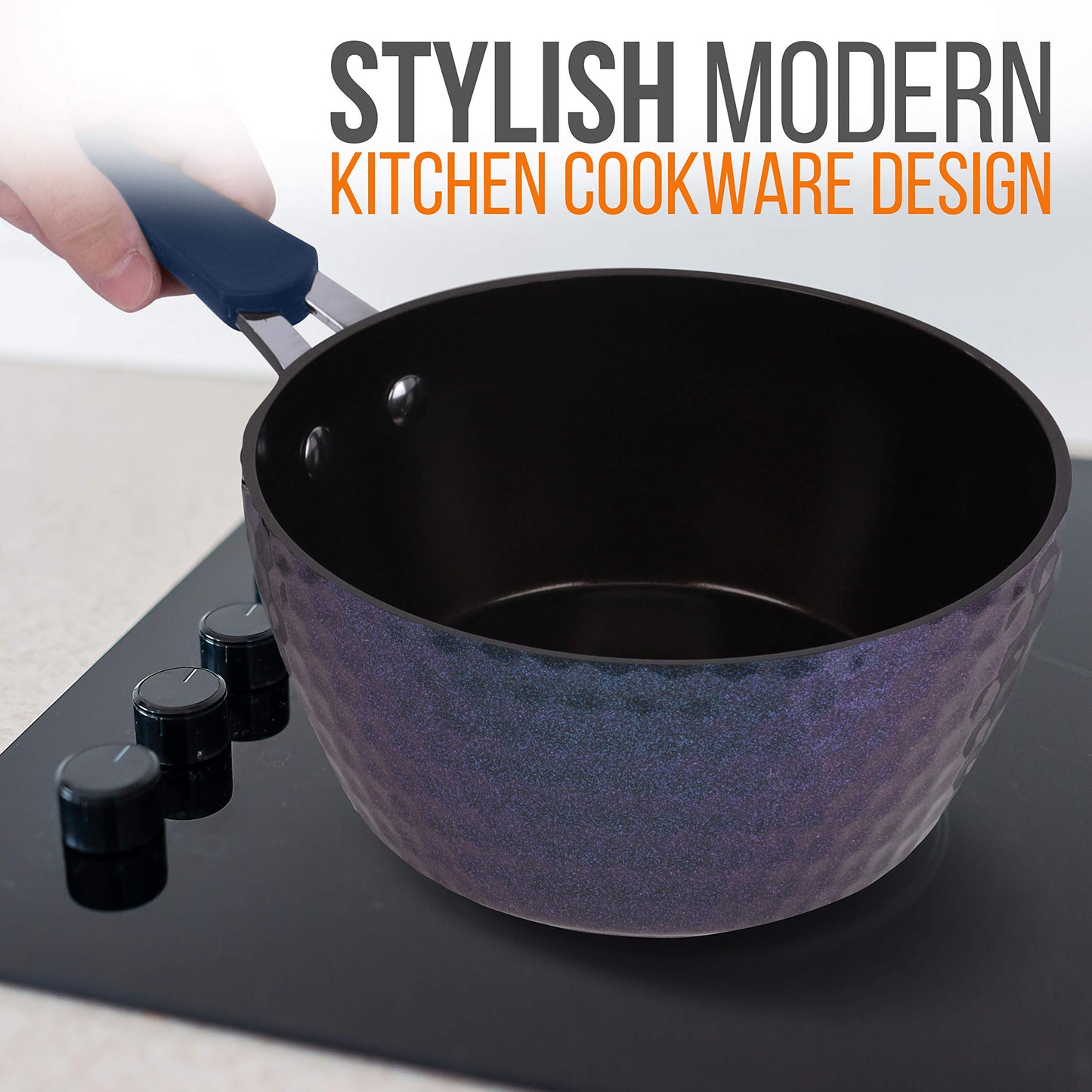 NutriChef Durable Sauce Pot with Lid, small, BLACK