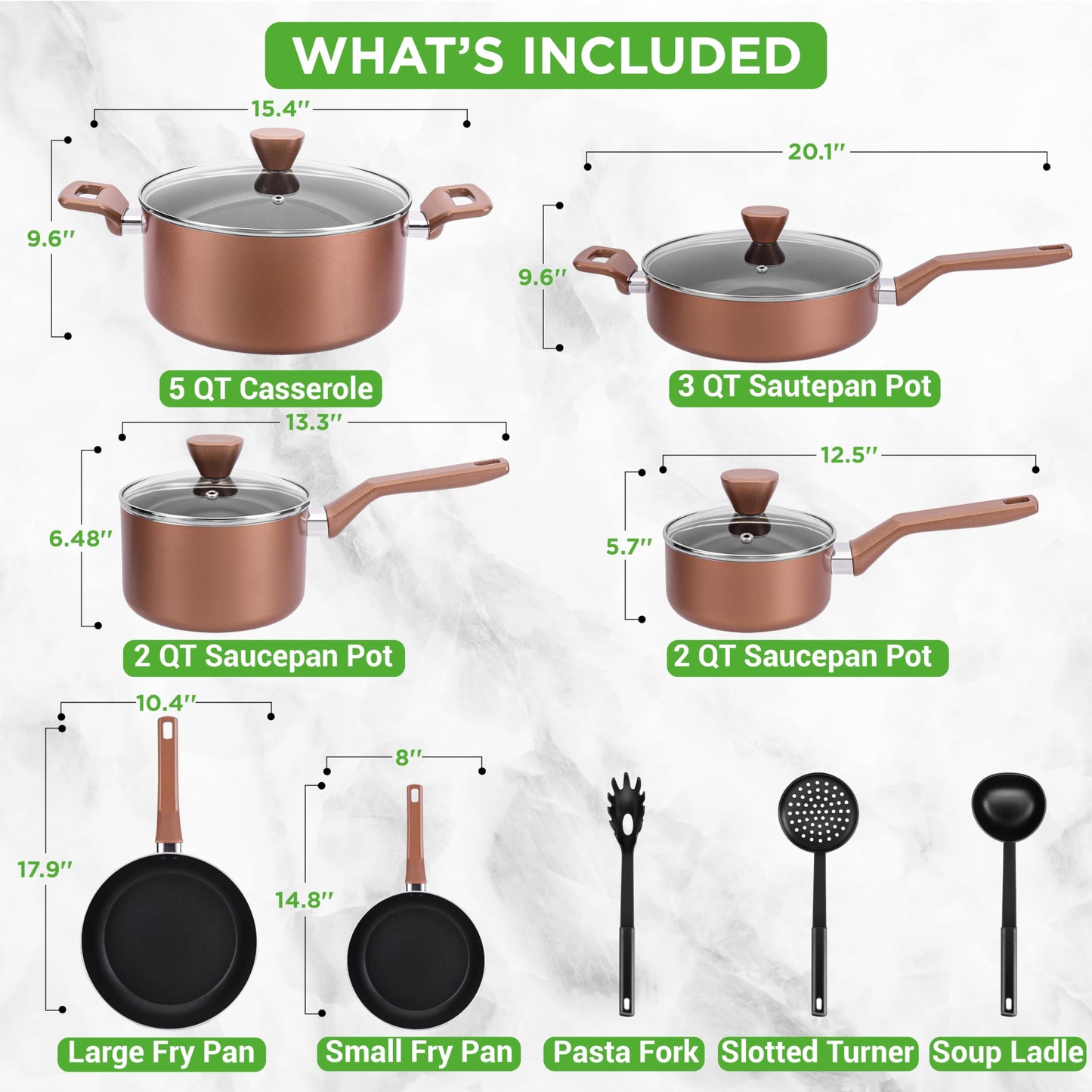 NutriChef 13 Pcs. Nonstick Kitchen Cookware PFOA/PFOS-Free Heat Resistant Kitchenware Set w/Saucepan, Frying Pans, Cooking Pots, Casserole, Lids, & Utensils, Brown, NCCWA13BR