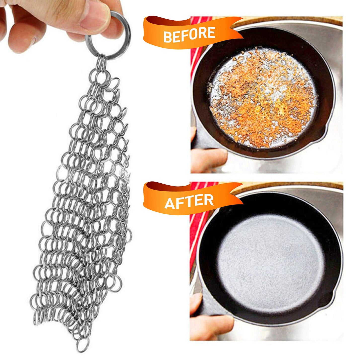 NutriChef Stainless Steel Cast Iron Cleaner - 3.94"x3.94" Rustproof Dishwasher Safe Chainmail Metal Scraper Cleaning Tool for Preseasoned Pans, Pot, Dutch Oven, Skillet, Wok, Waffle Iron