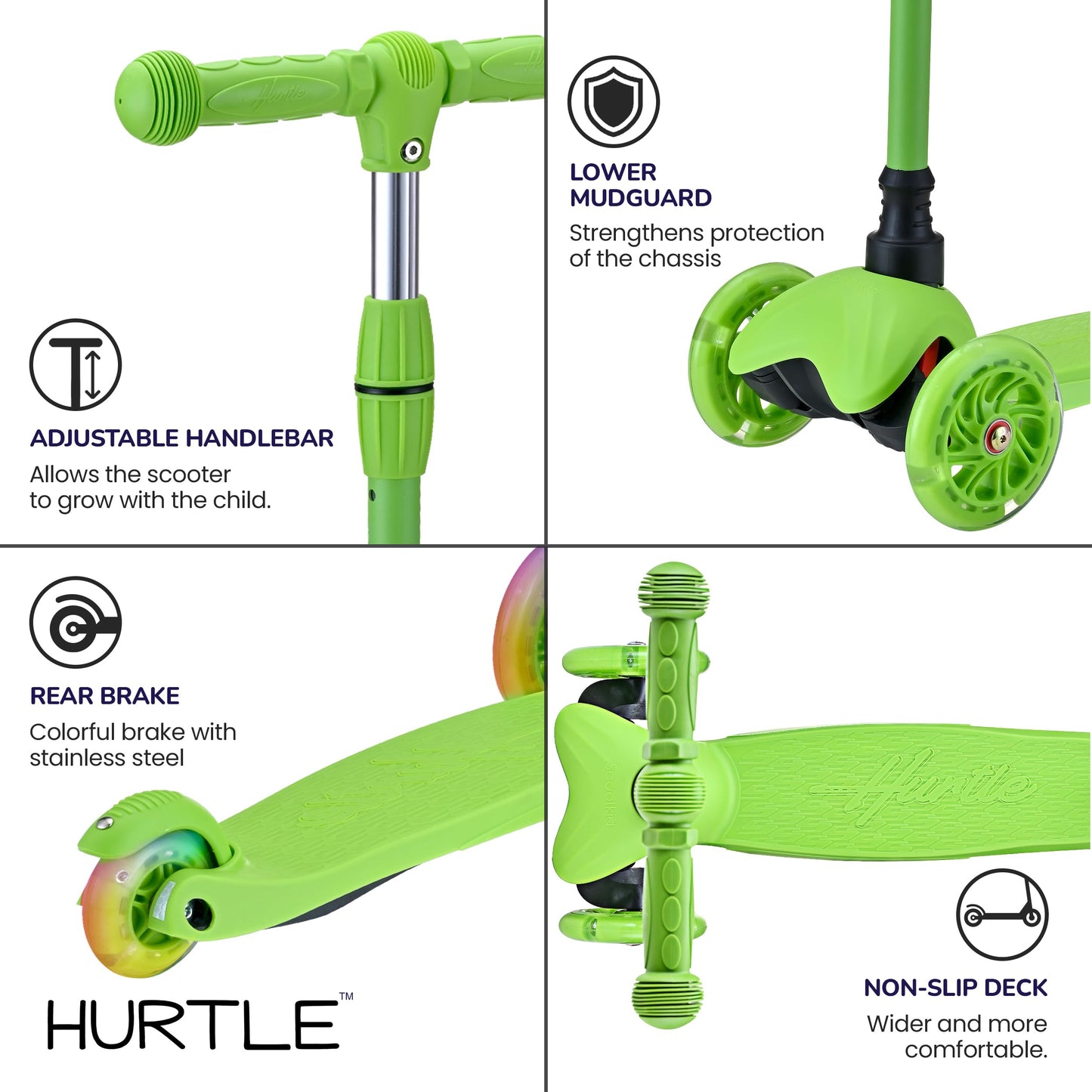 Hurtle Mini Kickboard Scooter for Kids - Height Adjustable 25''-28'', Lightweight 3-Wheel with LED Light-up Wheels, Anti-Slip,Indoor/Outdoor Fun, Micro Scooters for Ages 2-5 (Green)