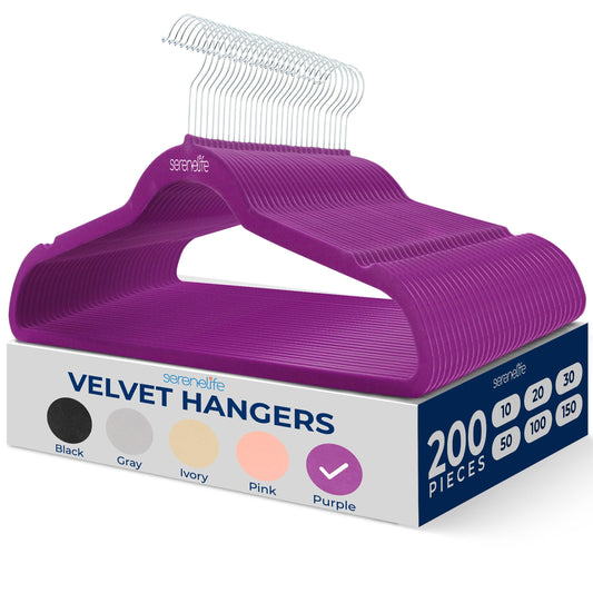 SereneLife 200 Pack Velvet Hangers - Non-Slip Felt Hangers with 360° Swivel Hook, Space-Saving, Ultra-Thin, Lightweight for Shirts, Sweaters, Hoodies, Kids Clothes & Dresses