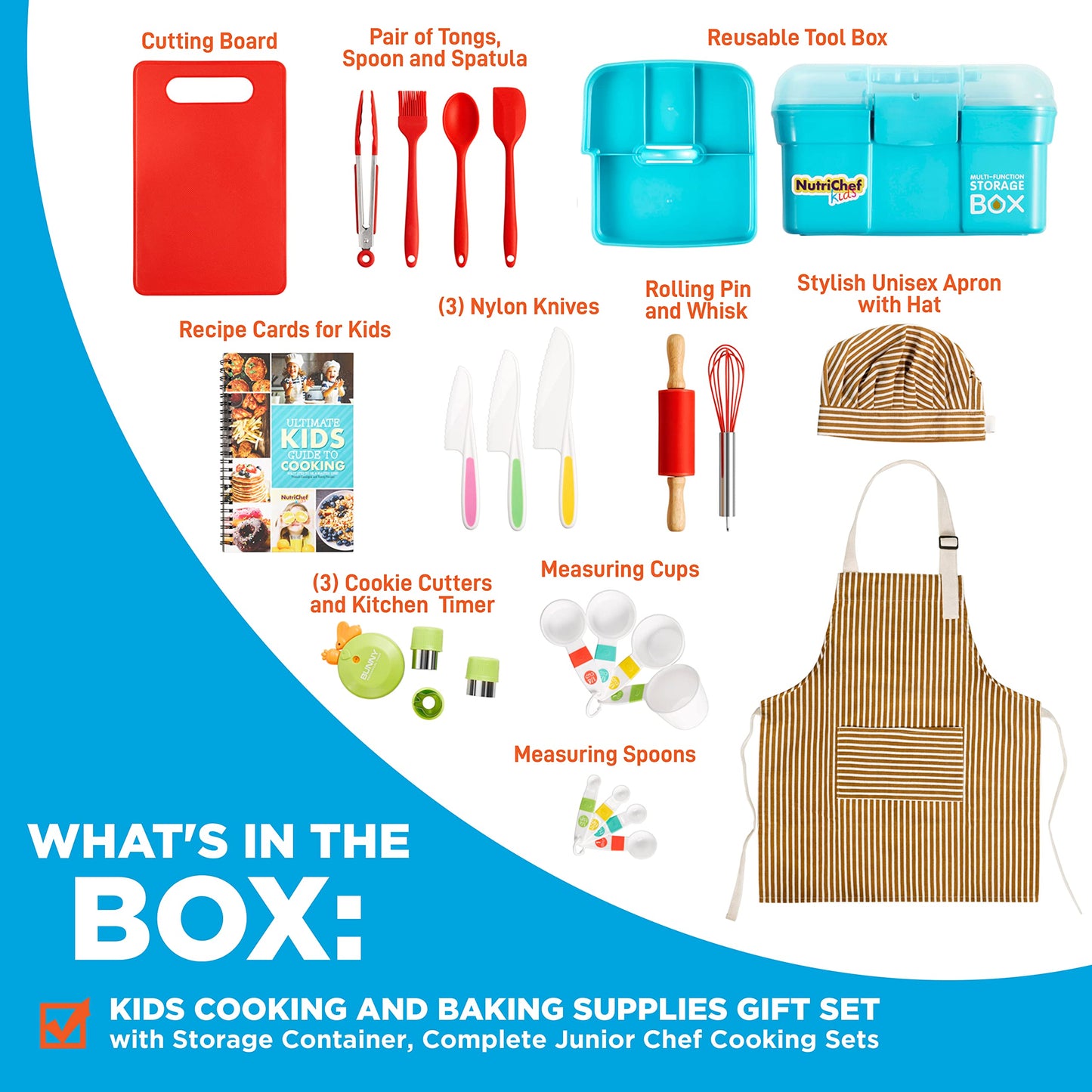 NutriChef Kids Cooking & Baking Set - Complete Cooking Set for Girls & Boys, Includes Little Chef's Apron. Kitchen Supplies, Nylon Knives, Utensils, & Baking Tools, Great Gift for Ages 4 and Up