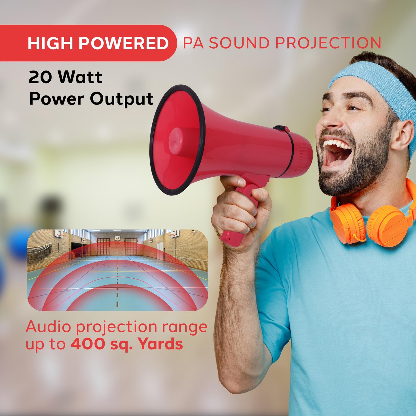Pyle 20W Megaphone Bullhorn - Portable, Automatic Siren & Adjustable Volume,Projection Range Up to 400 Square Yards, Aux Input, Talk, Siren, Music, Whistle, & Record, Shoulder Strap (Red)