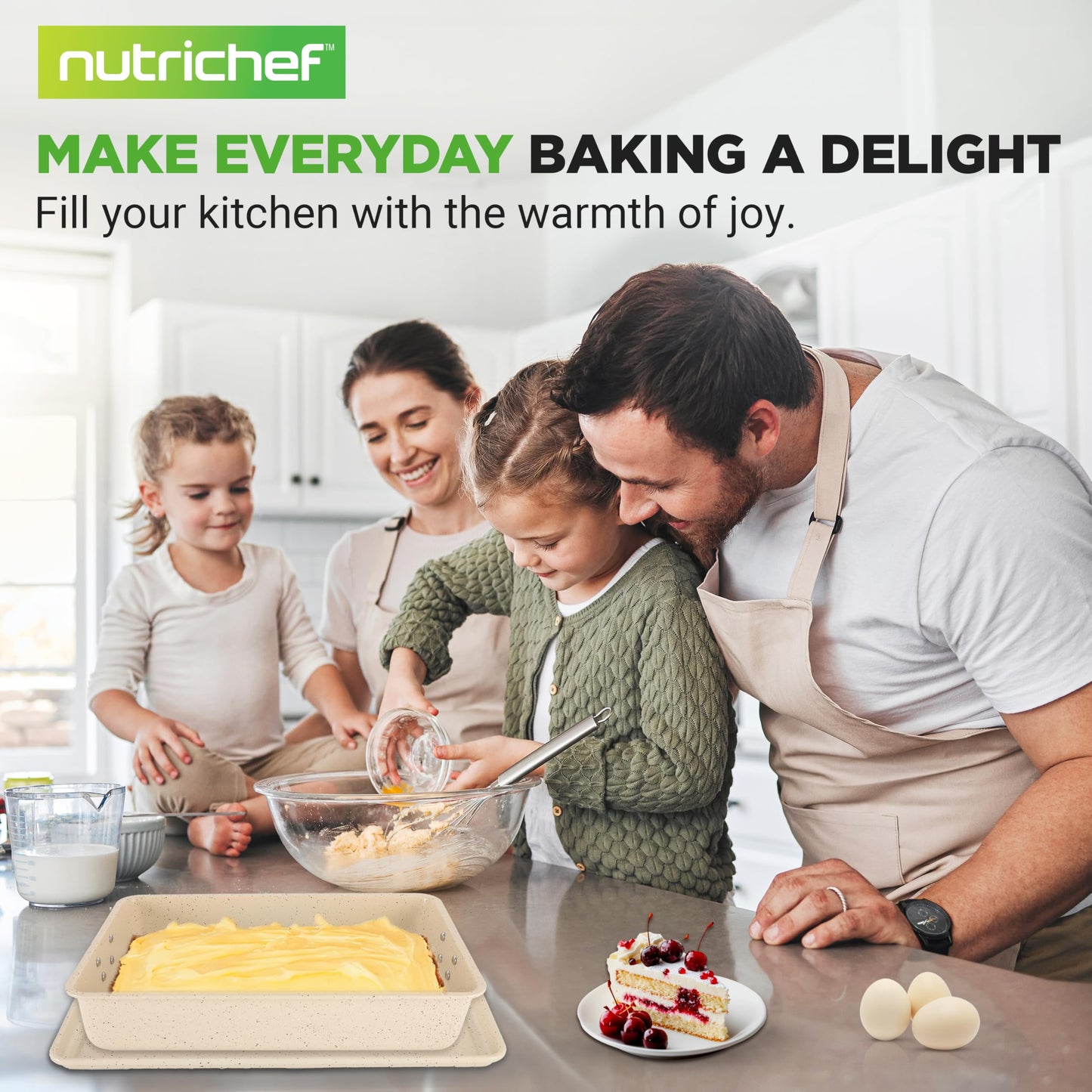 NutriChef 8-Piece Stackable Bakeware Set | Carbon Steel Non-Stick Baking Pan Set | Includes Sheet, Muffin, Round, Loaf, Square Cake & Deep Pans | No PFOA & PFOS | Oven Safe to 450 F (Marble Cream)