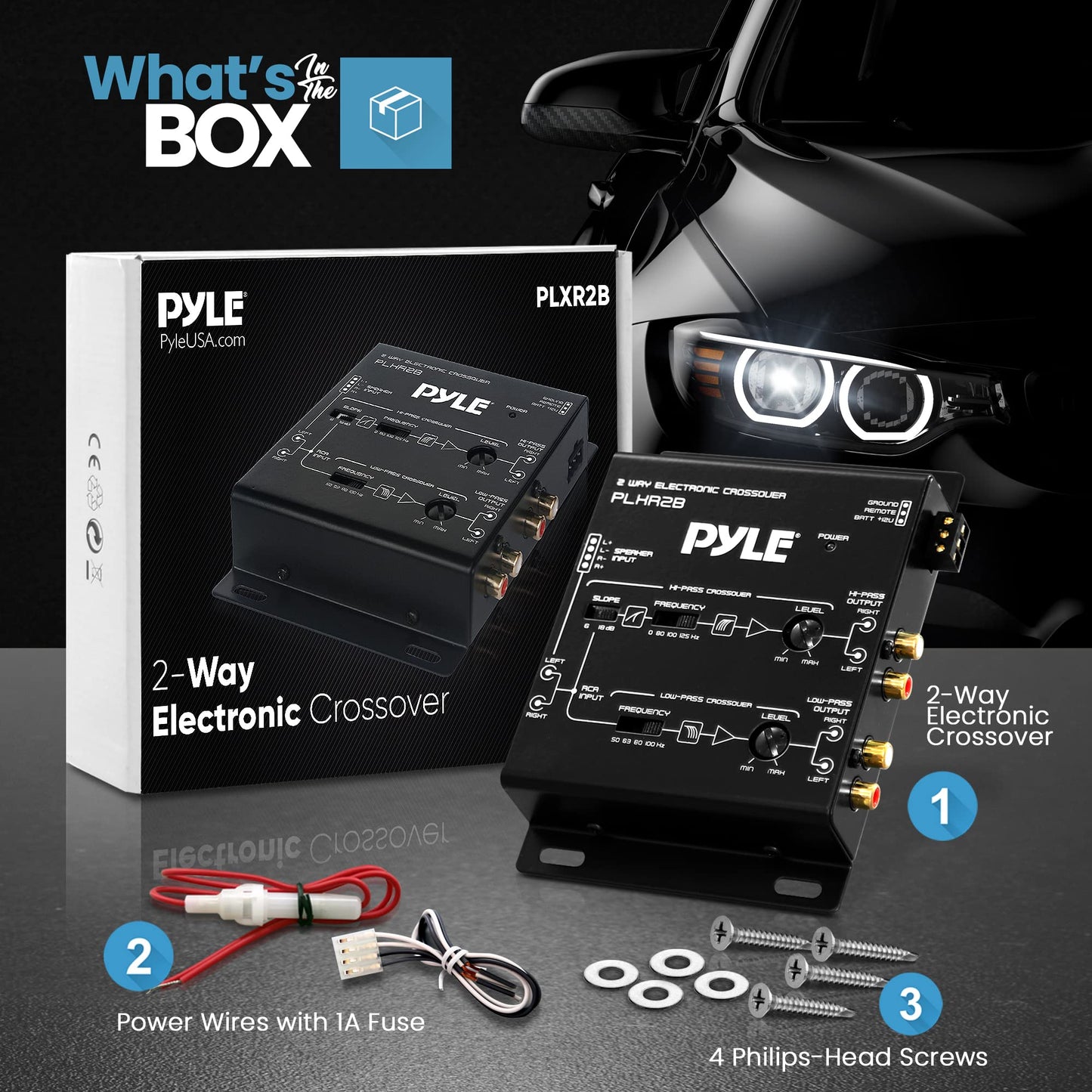 Pyle 2-Way Electronic Audio Crossover Network - Hi-Pass/Low-Pass 6dB/18dB Octave Slope - Power LED Indicator - 4 RCA Outputs - 2 RCA Inputs - Remote Subwoofer Control & Parallel Input Switch - PLXR2B
