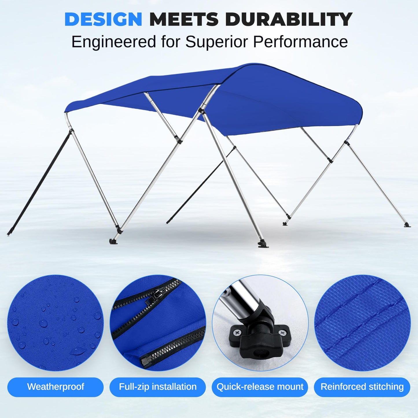 SereneLife 3 Bow Bimini Top Boat Cover –72'' x 85-90'' x 46'', Durable 1" Aluminum Frame, Waterproof & UV-Resistant, Easy Install with Front Straps, Rear Support Arms & Free Storage Boot (Blue)