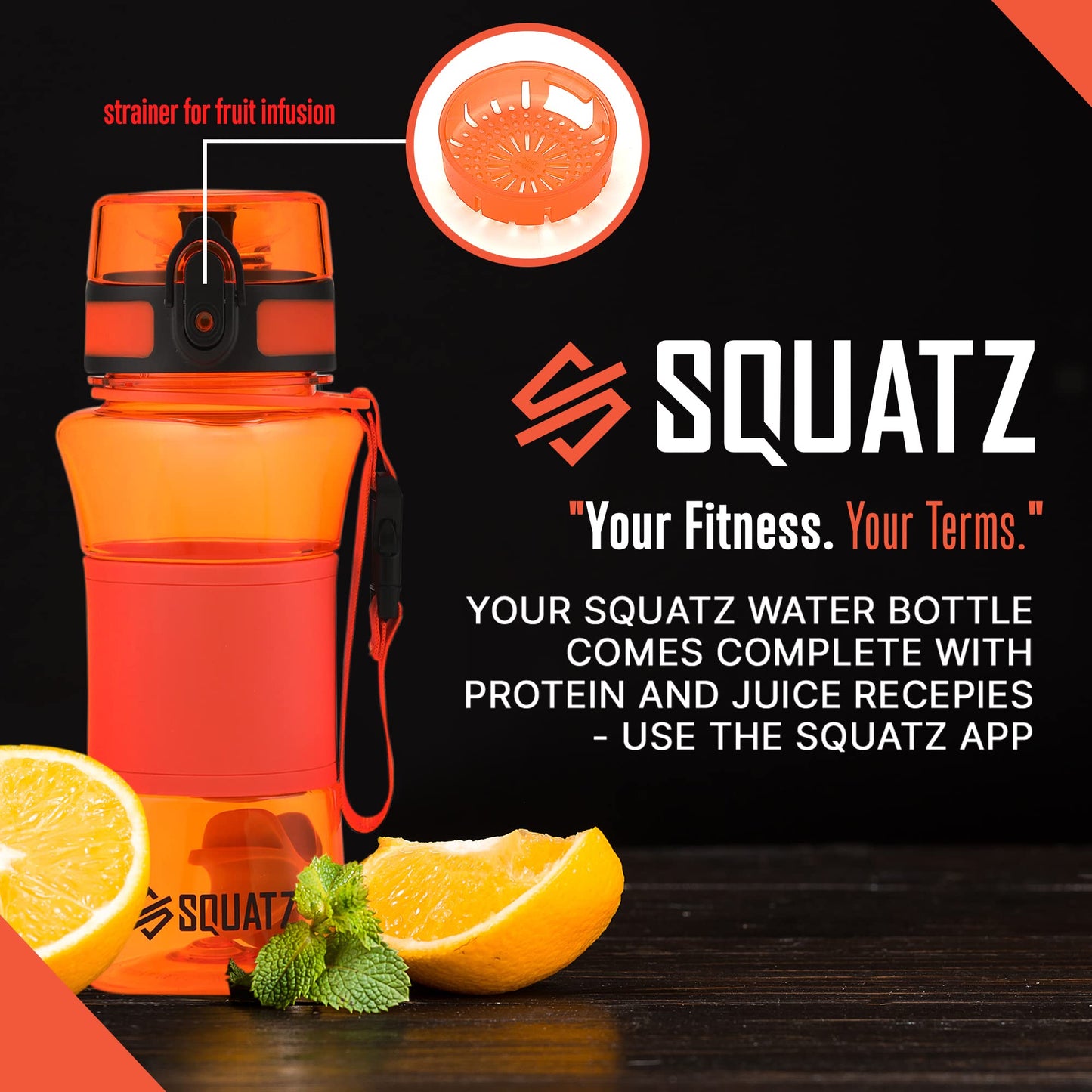 SQUATZ 17 Oz Poseidon Series Water Bottle for Protein and Fruit Shakes - Premium Quality Wide Mouth Gym Flask Fruit Infuser Strainer, Carrying Strap, Leak Resistance, No Condensation Sleeve