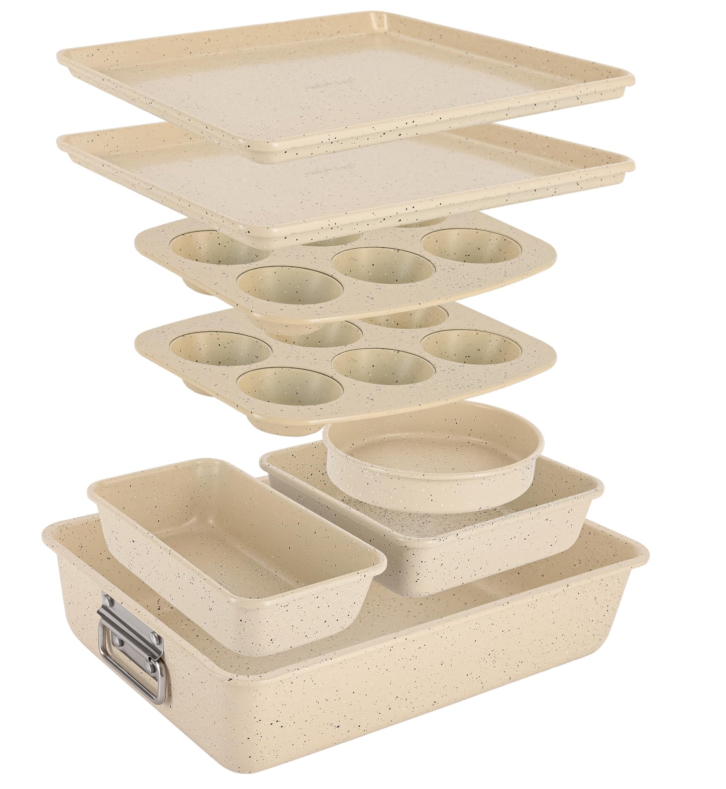 NutriChef 8-Piece Stackable Bakeware Set | Carbon Steel Non-Stick Baking Pan Set | Includes Sheet, Muffin, Round, Loaf, Square Cake & Deep Pans | No PFOA & PFOS | Oven Safe to 450 F (Marble Cream)