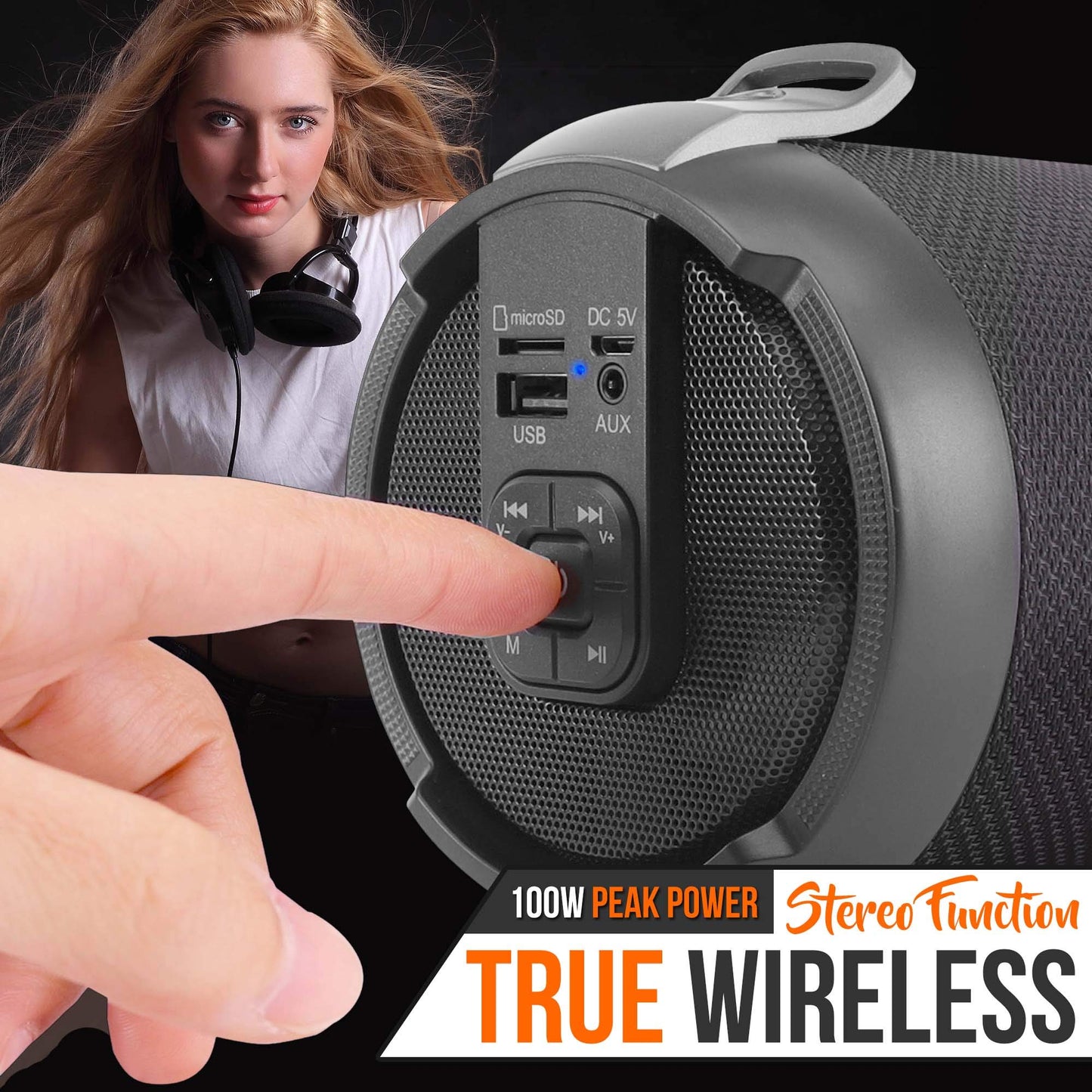 Pyle Wireless Portable Bluetooth Boombox Speaker – Rechargeable Music Barrel with AUX Input, USB/SD/MP3 Playback, FM Radio, 2.5" Tweeter – Loud Stereo Sound for Travel, Parties, Outdoors (PBMSPG3BK)